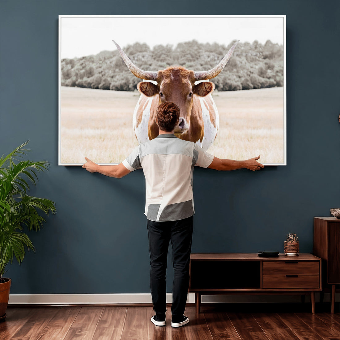 Texas Longhorn Bull Wall Art Canvas Print, Rustic Western Decor