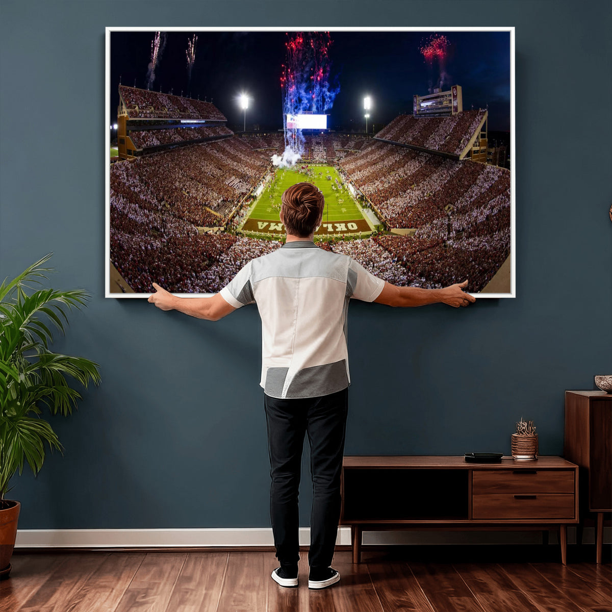43197777-MGV-CV-36X24 - Oklahoma Memorial Stadium Wall Art Canvas Print – Oklahoma Sooners Football Artwork for Home, Office, and Sports Room Decor