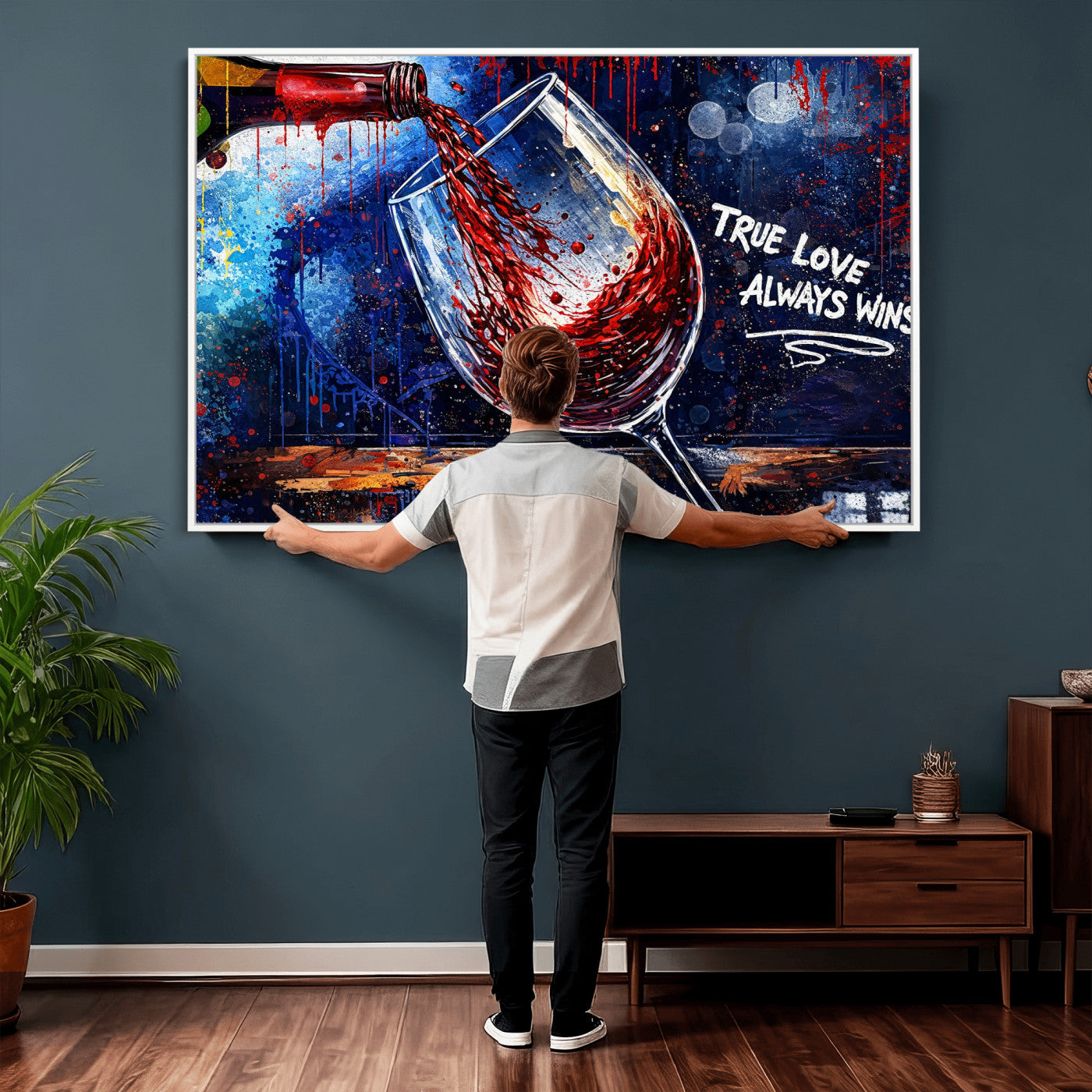 88788932-MGV-CV-36X24 - Red Wine Splash Abstract Wall Art Canvas Print, Modern Wine Glass Painting Canvas Print, Romantic Quote Contemporary Bar Art Print
