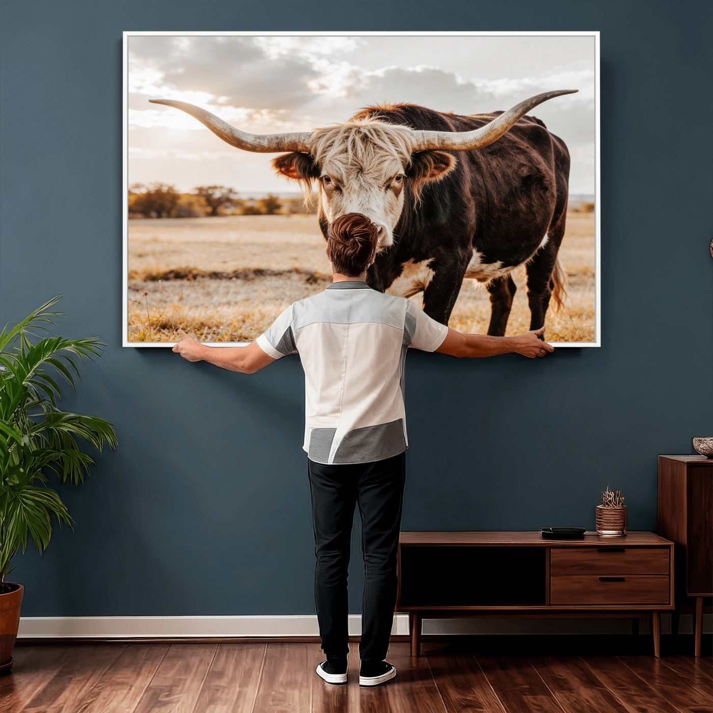 88230279-MGV-CV-36X24 - Texas Longhorn Bull Rustic Wall Art Canvas Print, Western Cattle Photography Canvas Print, Ranch Farm Animal Western Art Printing