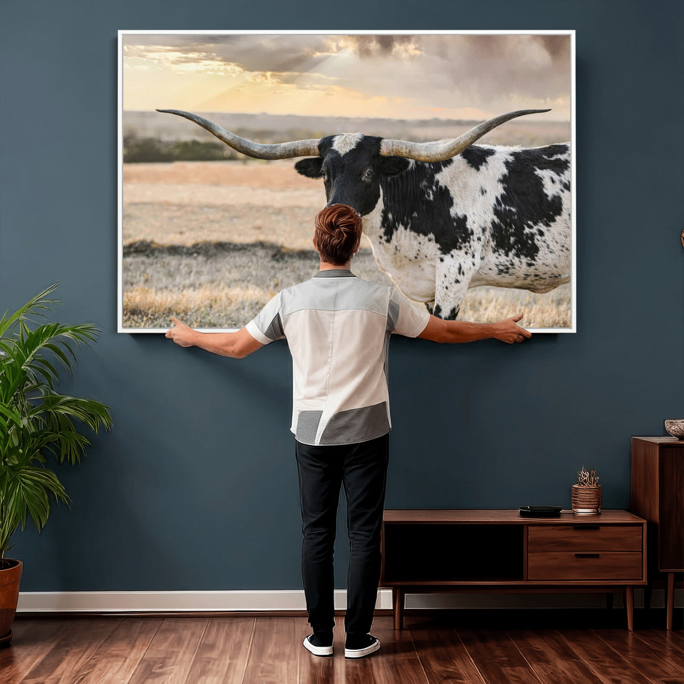 49350433-MGV-CV-36X24 - Texas Longhorn Bull Rustic Wall Art Canvas Print, Western Cattle Photography Canvas Print, Ranch Farm Animal Western Art Printing