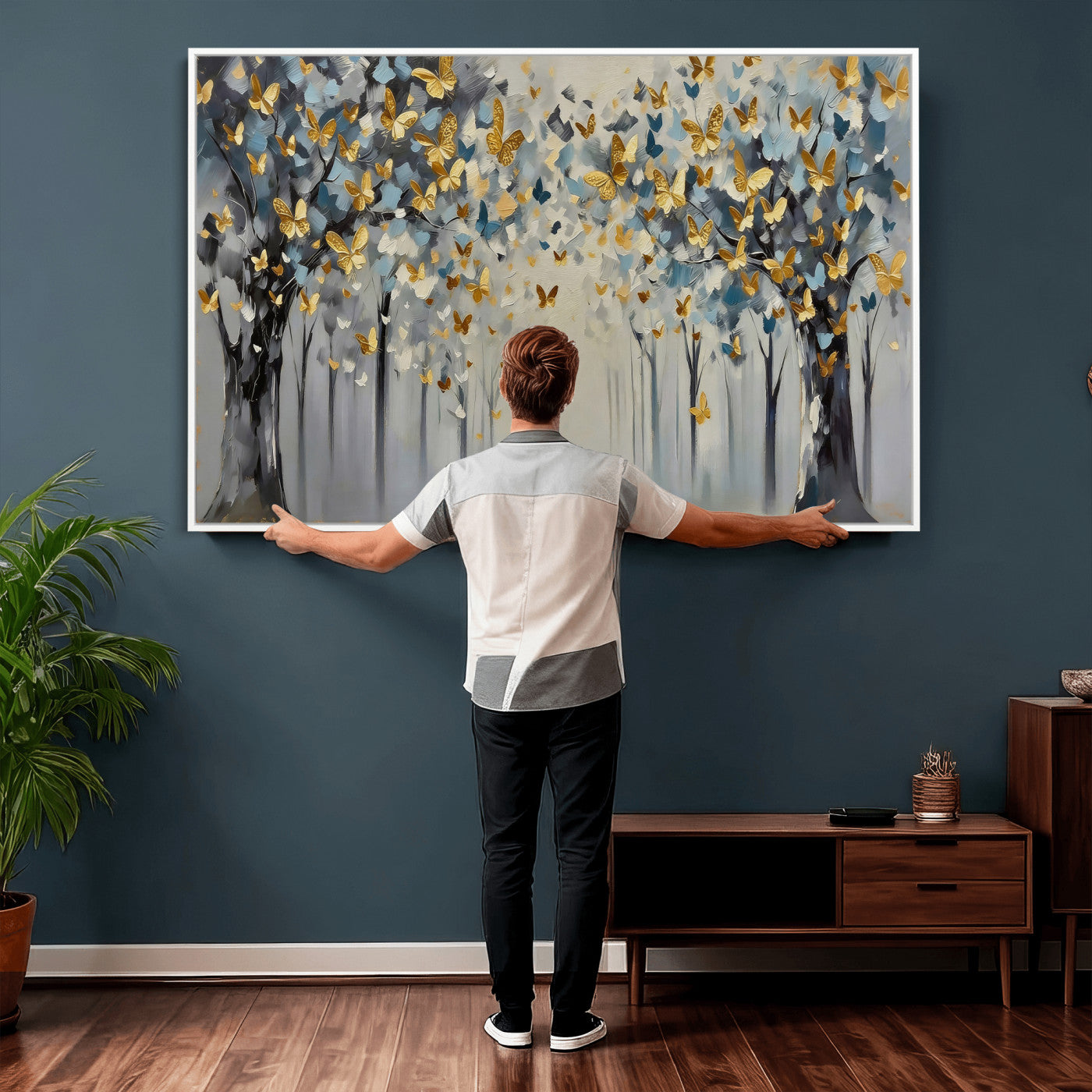 79208191-MGV-CV-36X24 - Golden Butterfly Tree Abstract Wall Art Canvas Print, Modern Elegant Nature Painting Canvas Print, Blue Gold Contemporary Floral Art Printing