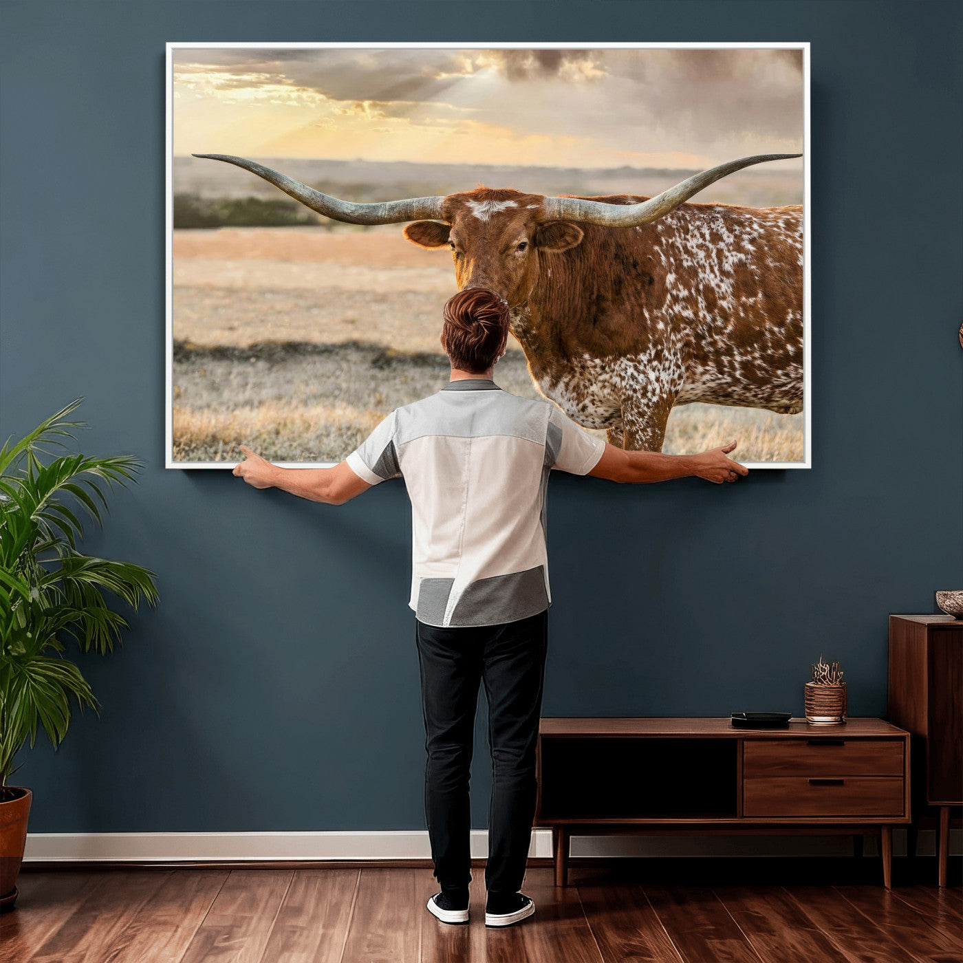 16502384-MGV-CV-36X24 - Texas Longhorn Wall Art Canvas Print, Western Ranch Bull Photography Canvas Print, Rustic Farmhouse Cattle Artwork for Living Room Decor