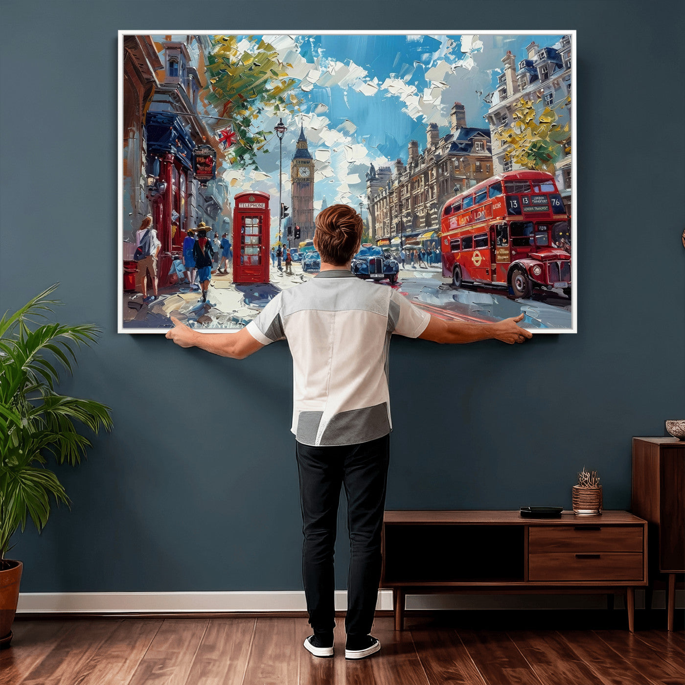 17630888-MGV-CV-36X24 - London Street Canvas Wall Art — Big Ben Red Bus Print | Oil Painting Style | UK City Wall Decor | Travel Art Gift | Living Room Print