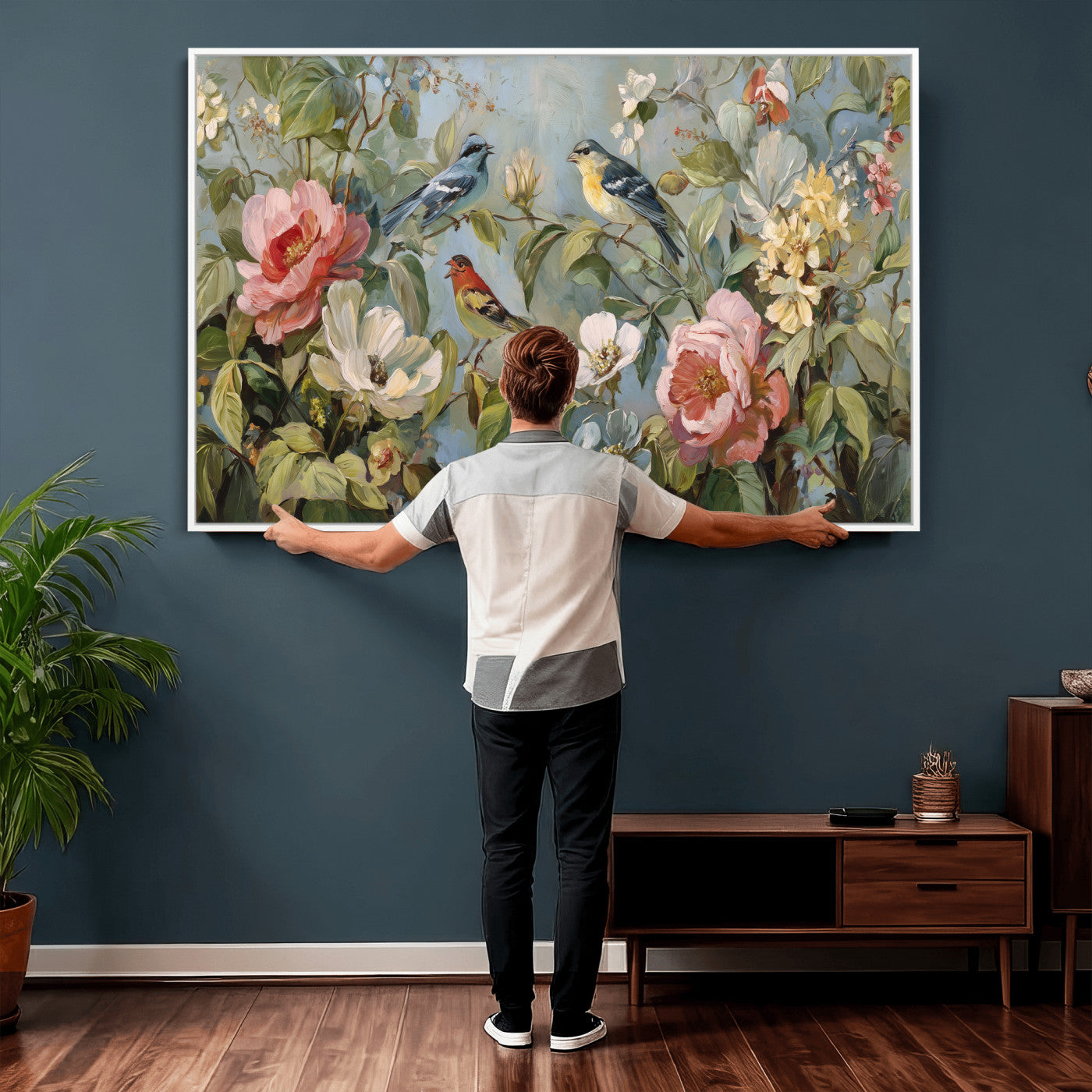 55440837-MGV-CV-36X24 - Vintage Birds and Flowers Wall Art Canvas Print, Botanical Bird Painting Canvas Print, Floral Garden Bird Artwork Canvas Print, Classic Bird Flower Painting Canvas Print