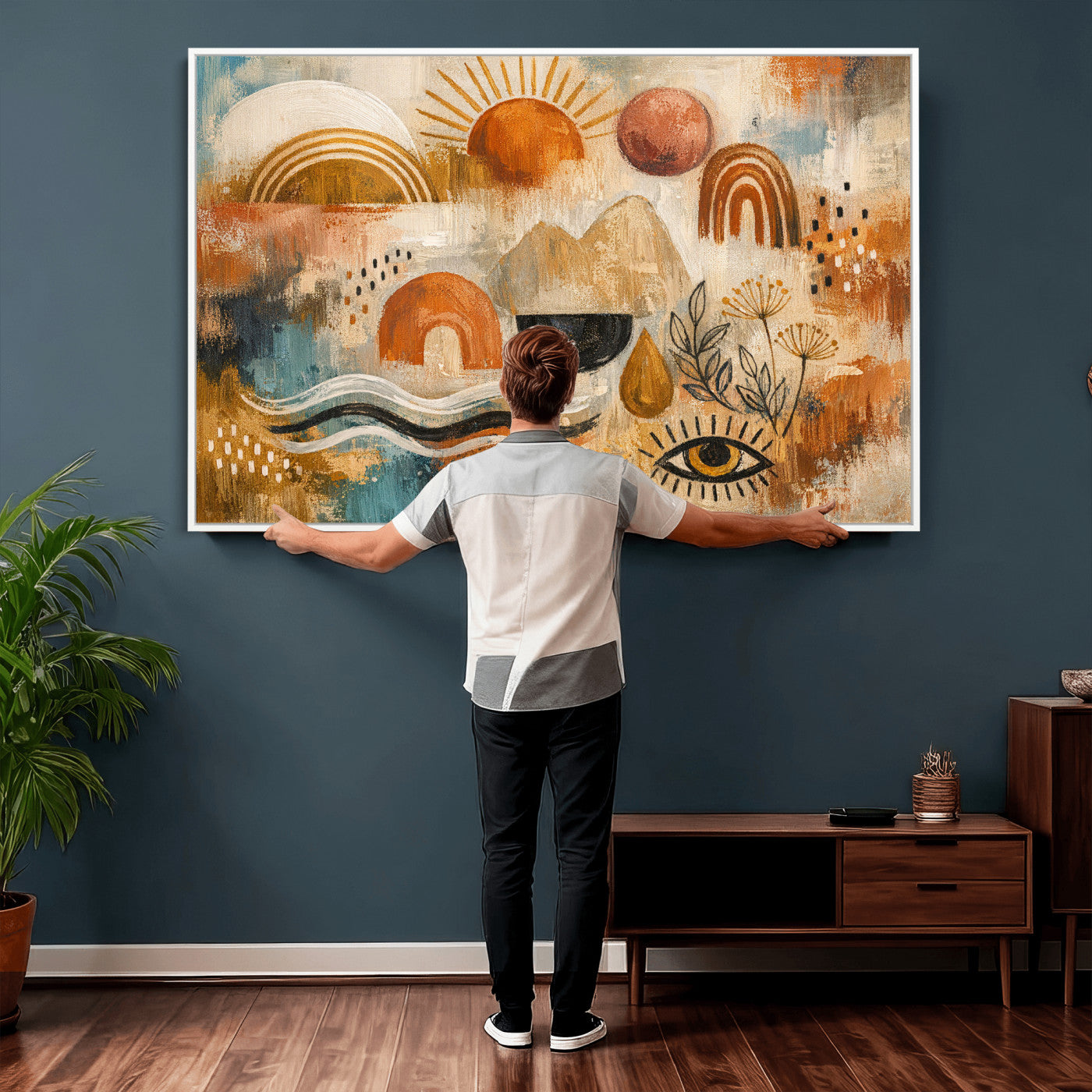 52155239-MGV-CV-36X24 - Geometric Boho Abstract Wall Art Canvas Print, Orange Blue Abstract Expressionist Painting Print, Modern Geometric Abstract Canvas Art