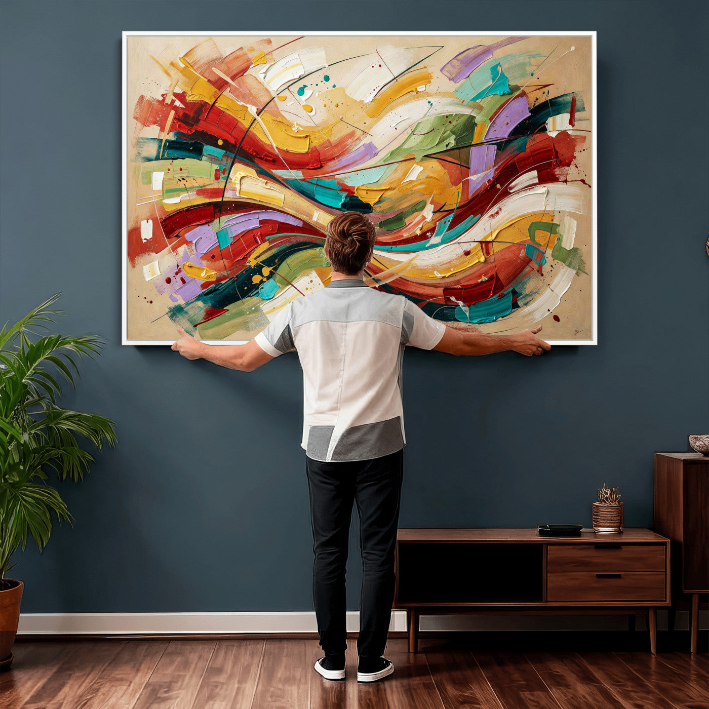 39887645-MGV-CV-36X24 - Geometric Abstract Wall Art Canvas Print, Orange Blue Abstract Expressionist Painting Print, Modern Geometric Abstract Canvas Art