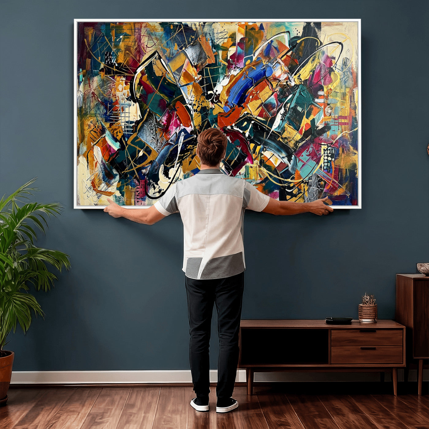 15525527-MGV-CV-36X24 - Geometric Abstract Wall Art Canvas Print, Orange Blue Abstract Expressionist Painting Print, Modern Geometric Abstract Canvas Art