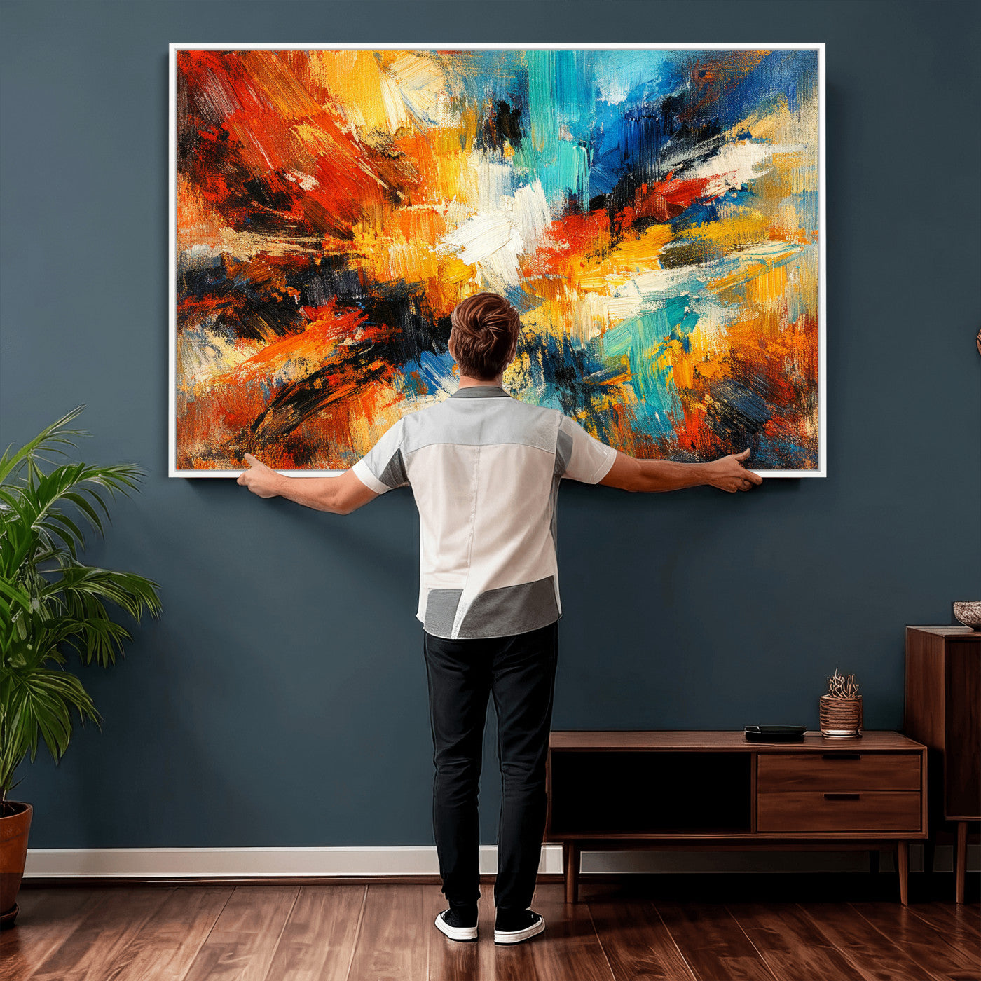 93167583-MGV-CV-36X24 - Geometric Abstract Wall Art Canvas Print, Orange Blue Abstract Expressionist Painting Print, Modern Geometric Abstract Canvas Art