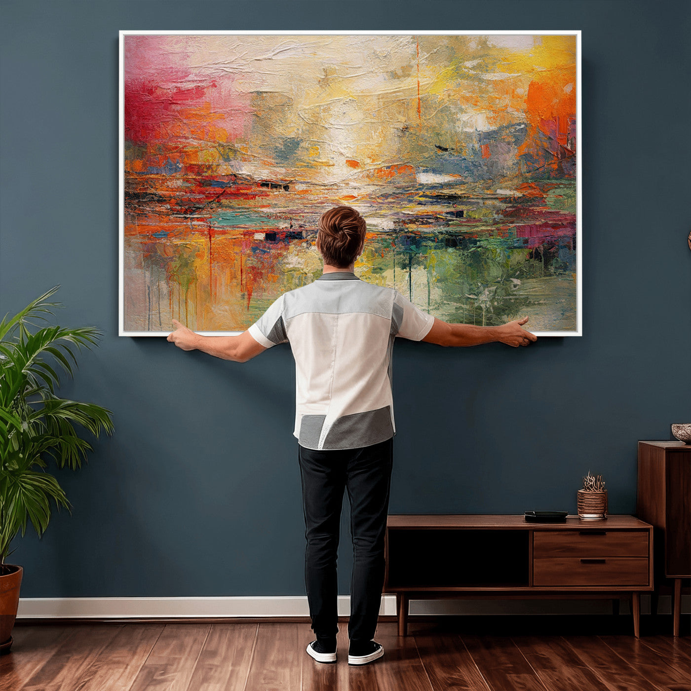 4712069P1-MGV-CV-36X24 - Colorful Abstract Canvas Wall Art — Large Textured Oil Painting Style Print | Orange Red Boho Wall Decor | Modern Living Room Art | Bold Wall Art