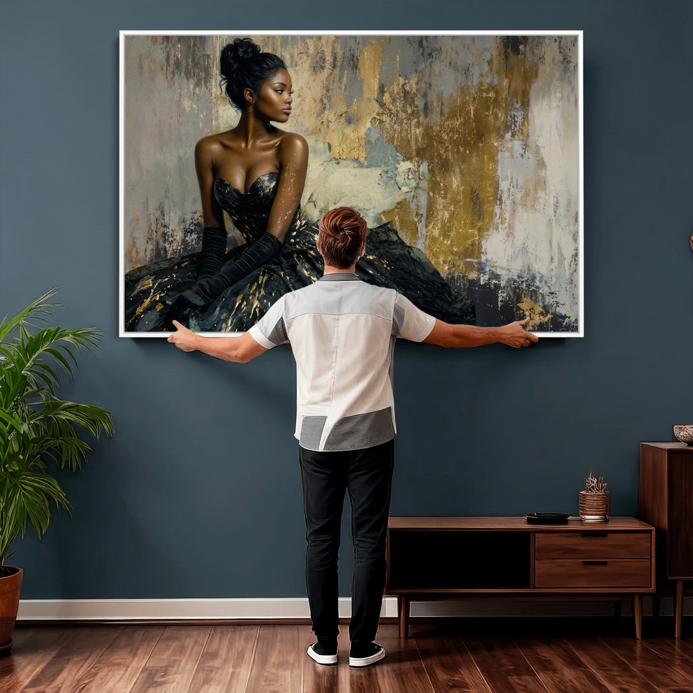 4712069Z1-MGV-CV-36X24 - Elegant Woman Canvas Wall Art — Black Gold Gown Fashion Print | Luxury Glam Wall Decor | African American Art | Bold Bedroom Wall Art Gift