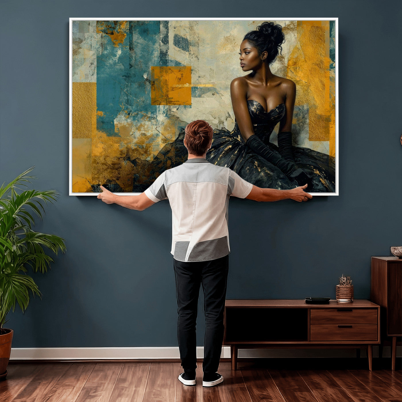 4712069Z21-MGV-CV-36X24 - Elegant Woman Canvas Wall Art — Black Gold Gown Fashion Print | Luxury Glam Wall Decor | African American Art | Bold Bedroom Wall Art Gift