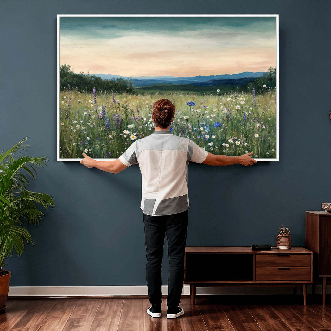 35773805-MGV-CV-36X24 - Wildflower Meadow Oil Painting Canvas Print - Daisy Lavender Mountain Sunset Print | Cottagecore Floral Wall Art - Bedroom Decor Gift for Her