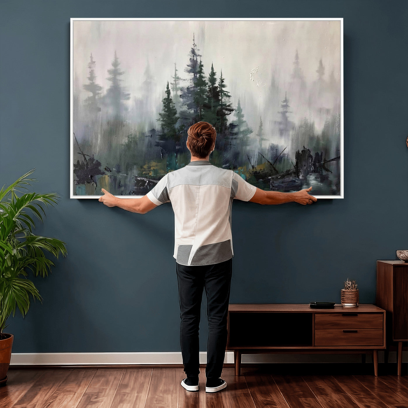 94143325-MGV-CV-36X24 - Misty Pine Forest Oil Painting Canvas — Dark Moody Teal Grey Tree Print | Japandi Scandinavian Wall Art | Minimalist Nature Decor Gift