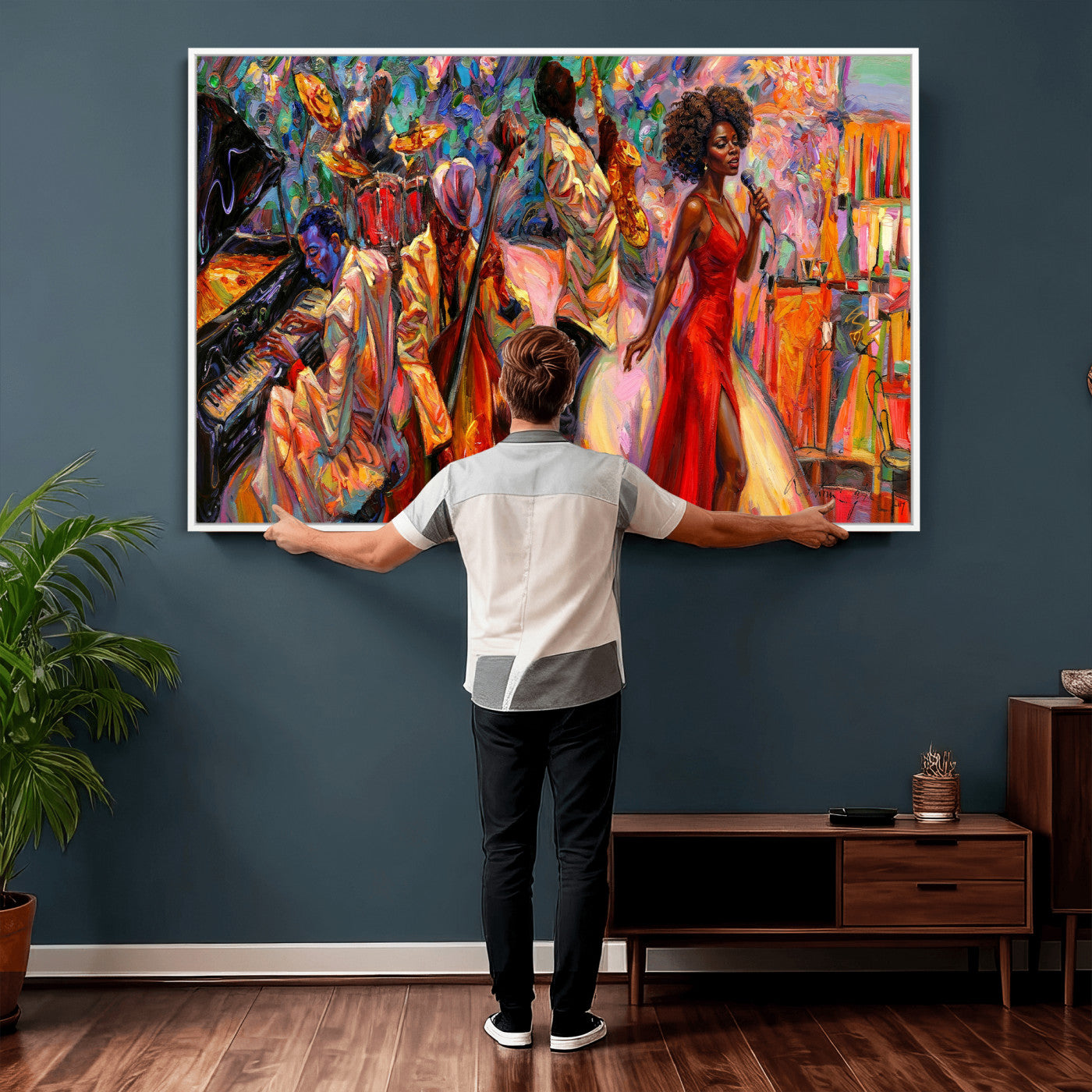72615137-MGV-CV-36X24 - African American Jazz Singer Canvas Art - Red Dress Black Woman Music Print | Colorful Jazz Band Wall Decor | Living Room Gift for Her