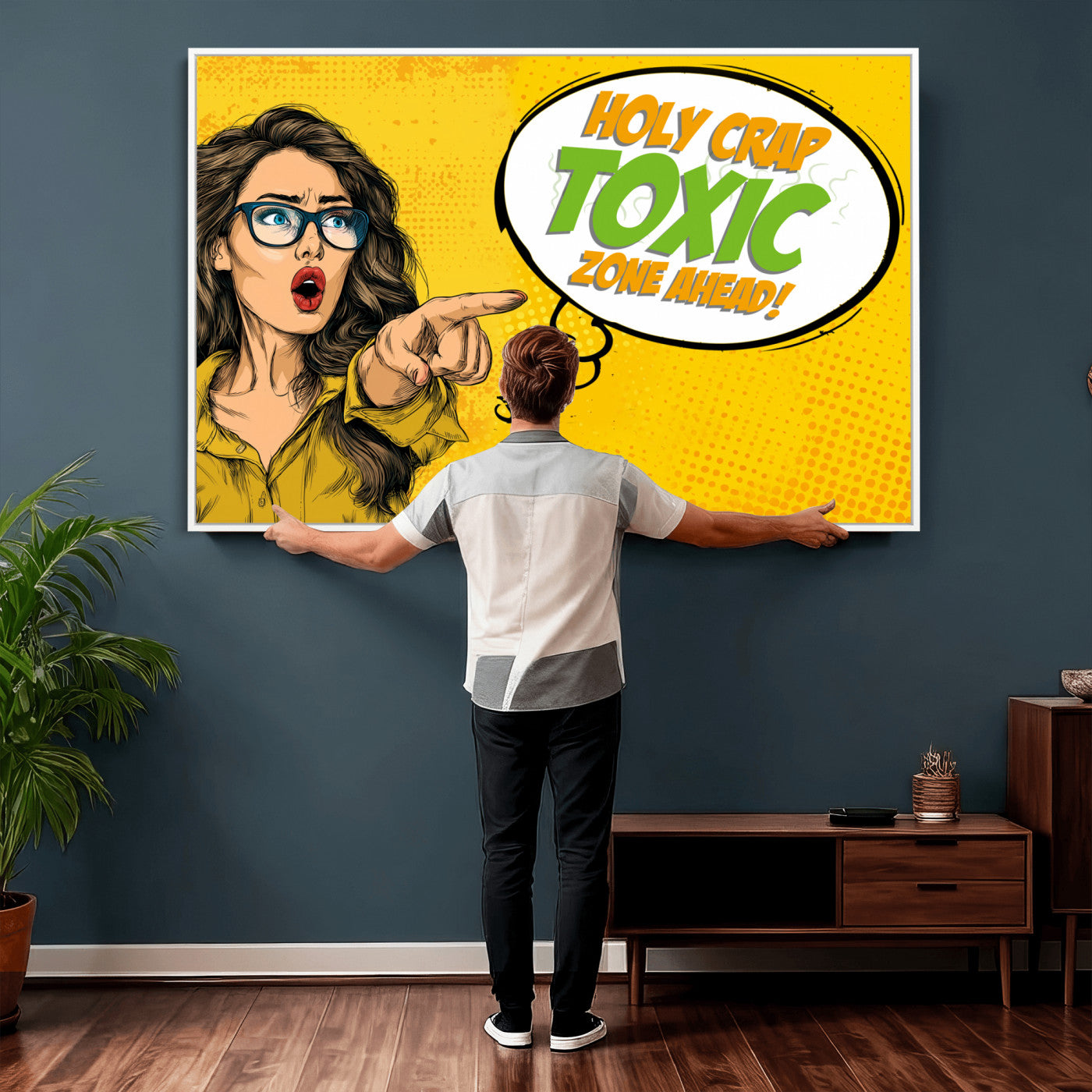 79156505-MGV-CV-36X24 - Pop Art Print Bathroom Sign Wall Art Canvas Print — Funny Bathroom Canvas | Comic Style Toilet Wall Decor | Humor Gift | Yellow Bold Bathroom Art