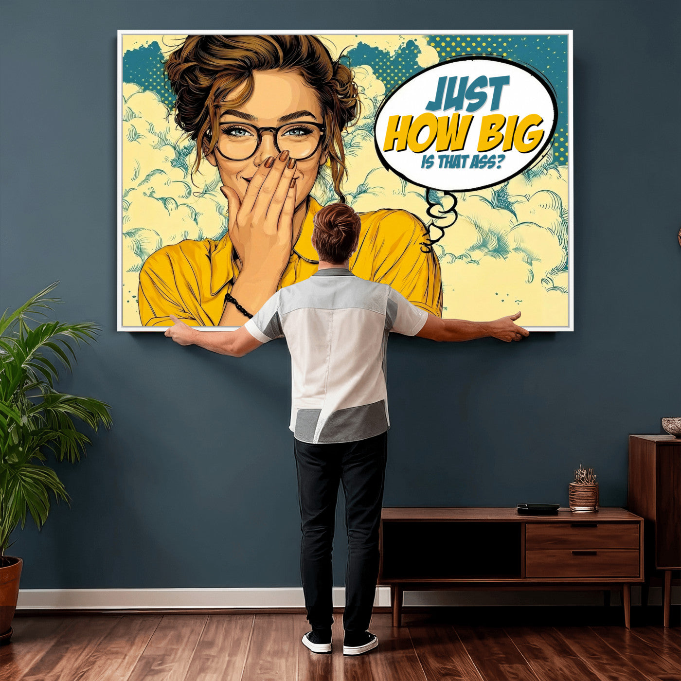 T79156505-MGV-CV-36X24 - Pop Art Print Bathroom Sign Wall Art Canvas Print — Funny Bathroom Canvas | Comic Style Toilet Wall Decor | Humor Gift | How Big Ass