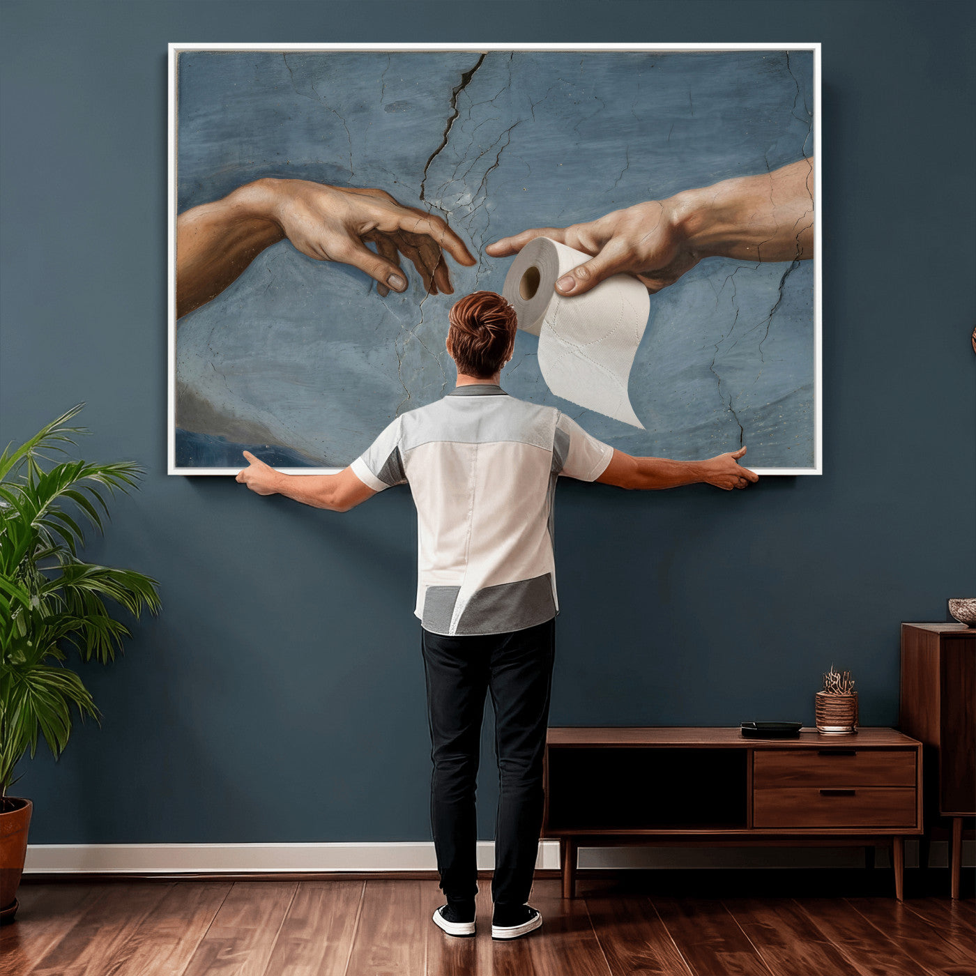 42648143-MGV-CV-36X24 - Funny Bathroom Canvas Wall Art, Michelangelo Creation of Adam Toilet Paper Parody, Renaissance Humor Print, Quirky Housewarming Gift, Toilet Room Decor