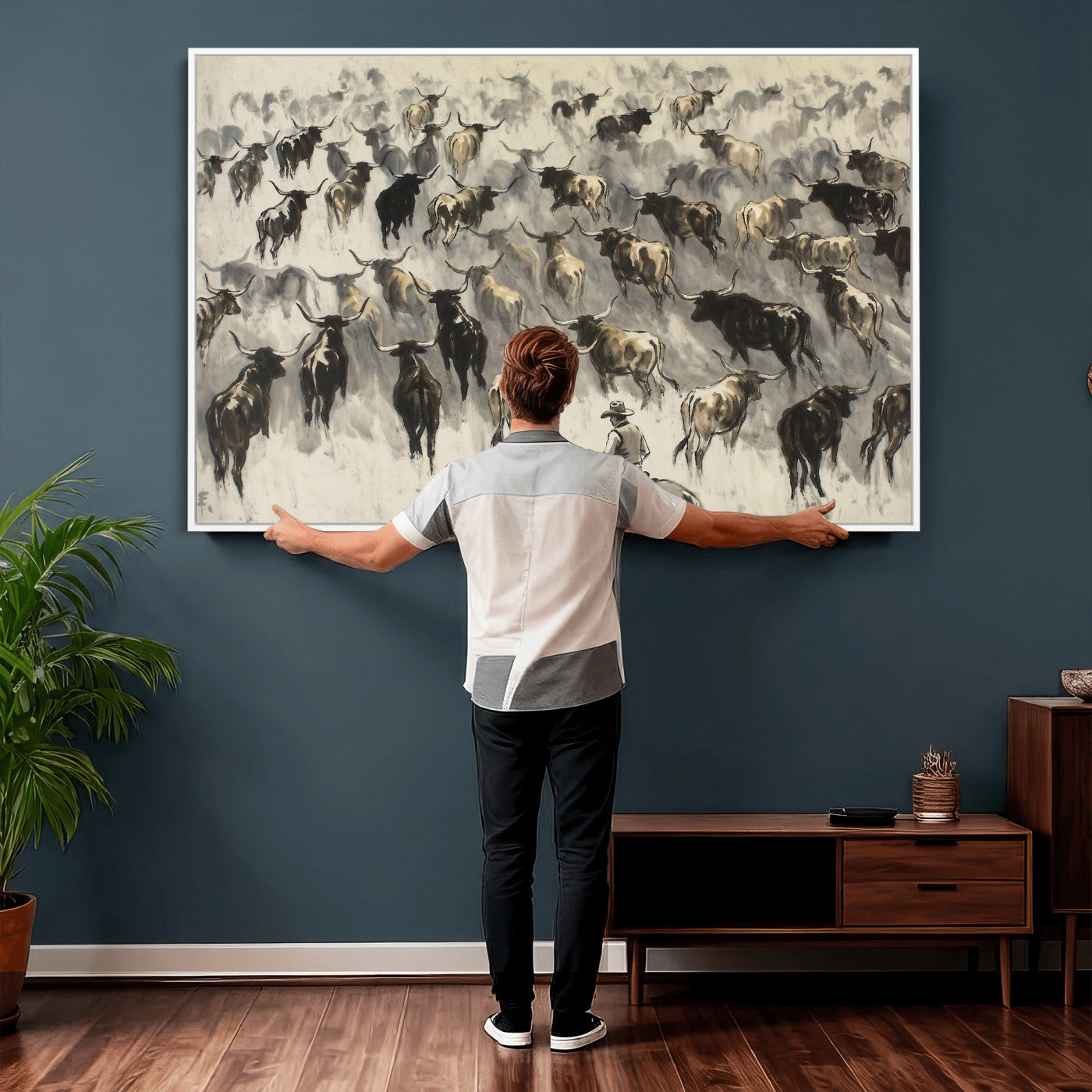 48049876-MGV-CV-36X24 - Cowboy Cattle Drive Canvas Wall Art, Western Longhorn Herd Ink Painting Print, Ranch Rodeo Decor, Black White Western Art, Large Living Room Art