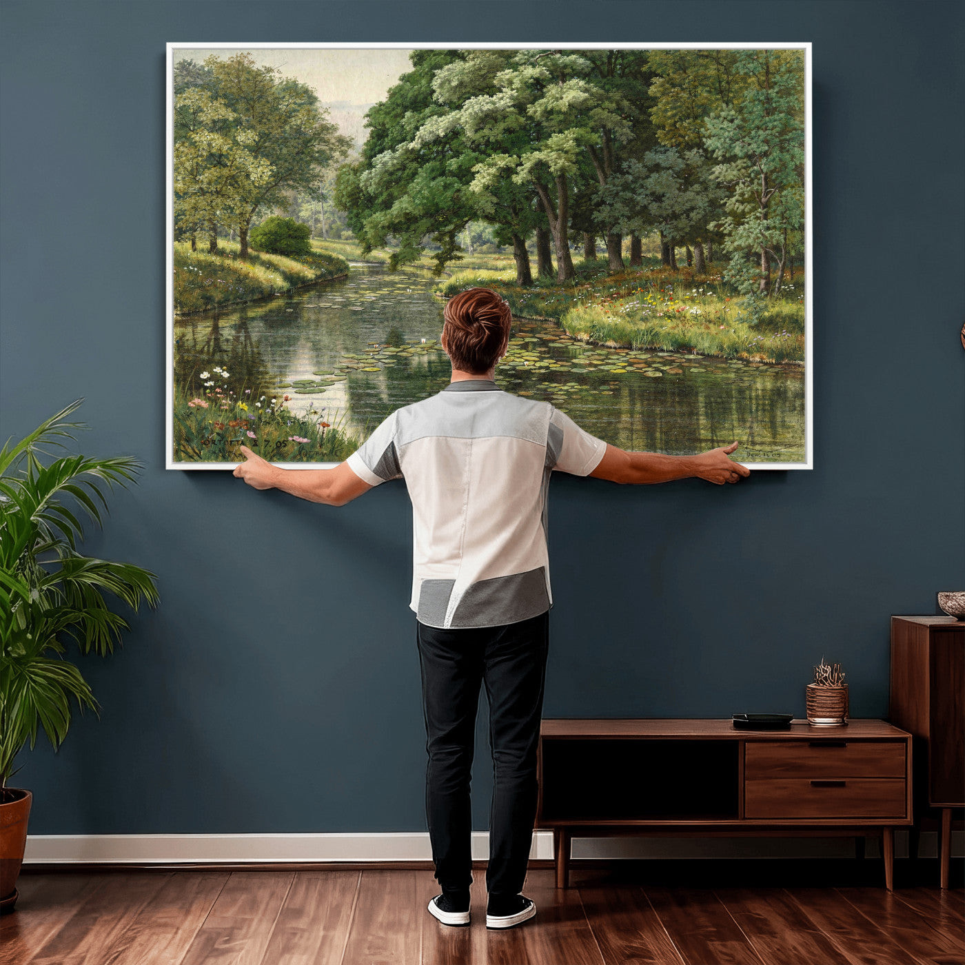 44288560-MGV-CV-36X24 - Forest Stream Canvas Wall Art, Peder Monsted A Forest Stream 1905 Print, Danish Realist Landscape, Lily Pad River Nature Decor, Vintage Green Painting