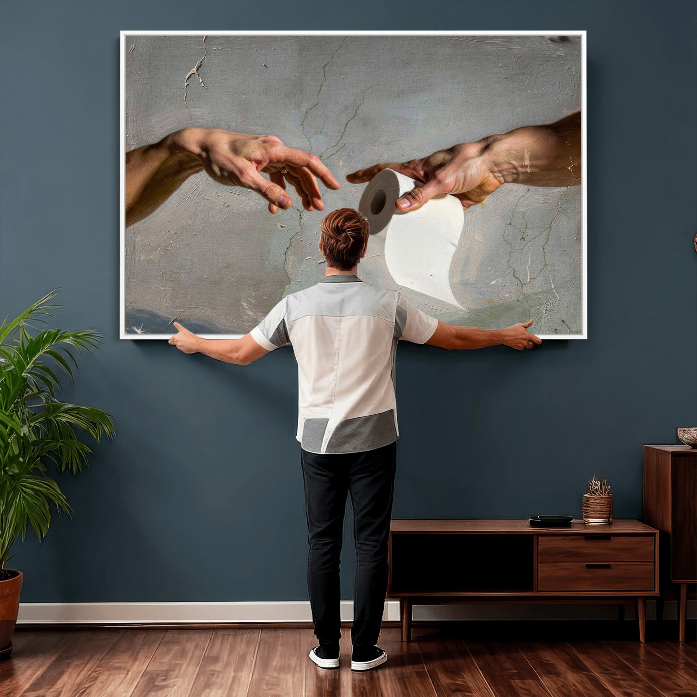 72030048-MGV-CV-36X24 - Funny Bathroom Wall Art Canvas, Creation of Toilet Paper Parody Print, Renaissance Humor Decor, Toilet Room Art, Quirky Housewarming Gift, Classic Art Spoof