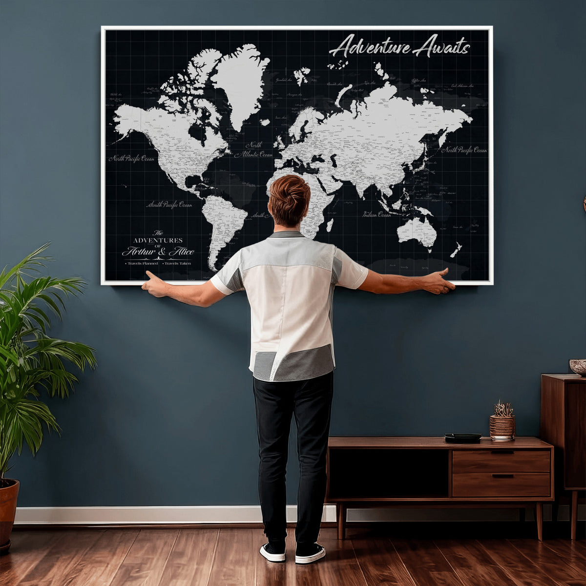 19855445B-MGV-CV-36X24 - Personalized Black Push Pin Travel Map Canvas Print, Couples Countries Visited Map, Entryway and Hallway Decor