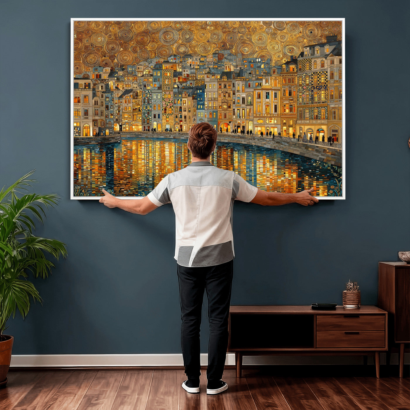 94022787-MGV-CV-36X24 - Gustav Klimt Golden Cityscape Wall Art Canvas Print, Framed River Town Landscape Artwork, Ornate Architecture Wall Decor for Living Room Bedroom Office