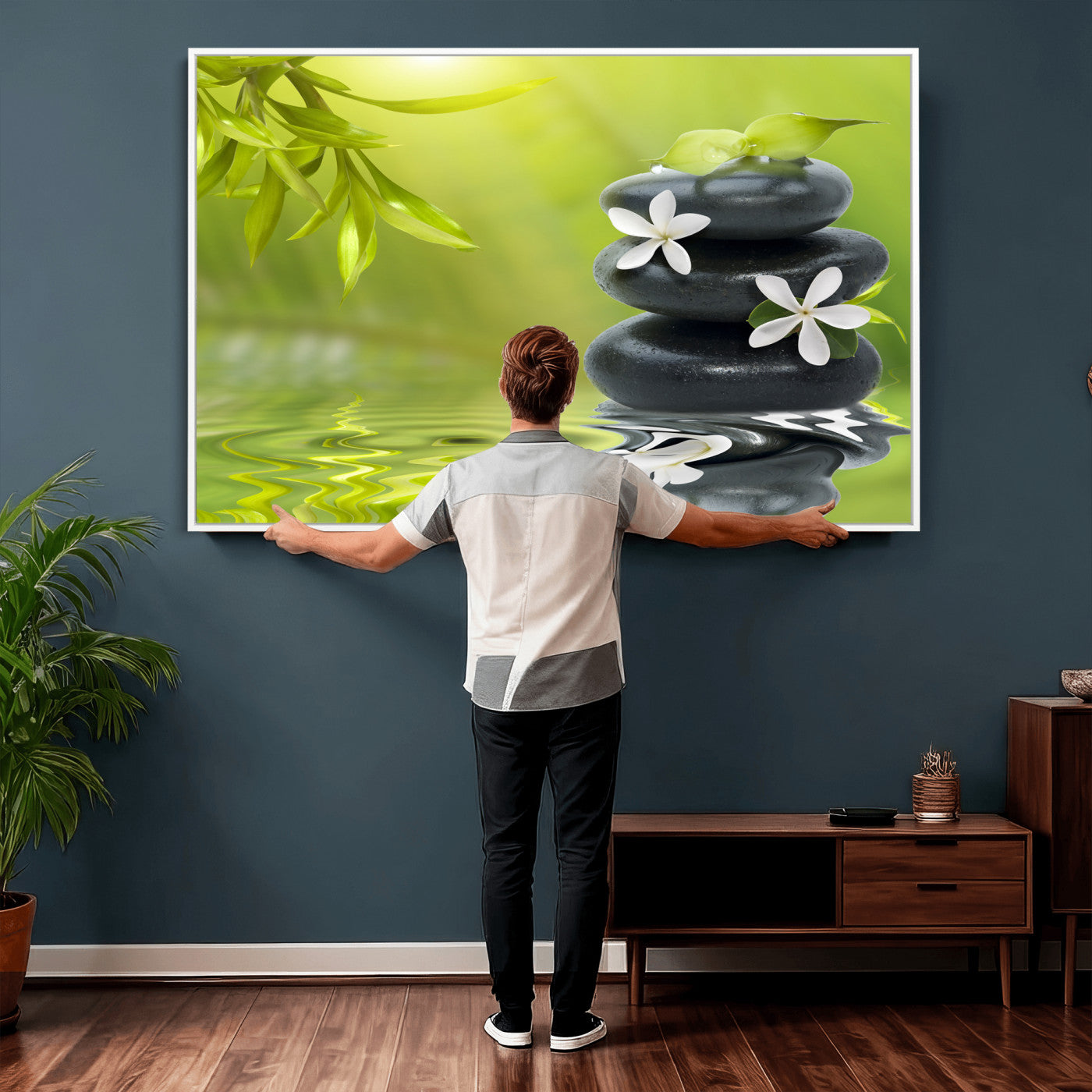 51106626-MGV-CV-36X24 - Plumeria Frangipani Black Stone Canvas | White Flower Spa Photography Print | Tropical Zen Wall Art | Grey Pebble Floral for Meditation Yoga Room Decor