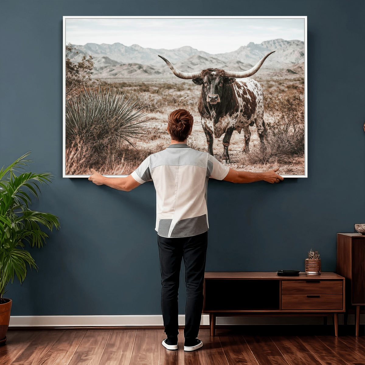 17622011H-MGV-CV-36X24 - Texas Longhorn Bull Wall Art Canvas Print, Western Farmhouse Cowboy Decor, Rustic Texas Ranch Cattle Artwork for Living Room Bedroom Office, Framed Wall Decor