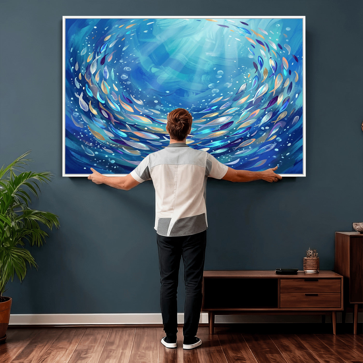78699899-MGV-CV-36X24 - School of Fish Canvas Print | Blue Ocean Underwater Wall Art | Swirling Fish Shoal Illustration | Marine Navy Coastal Decor