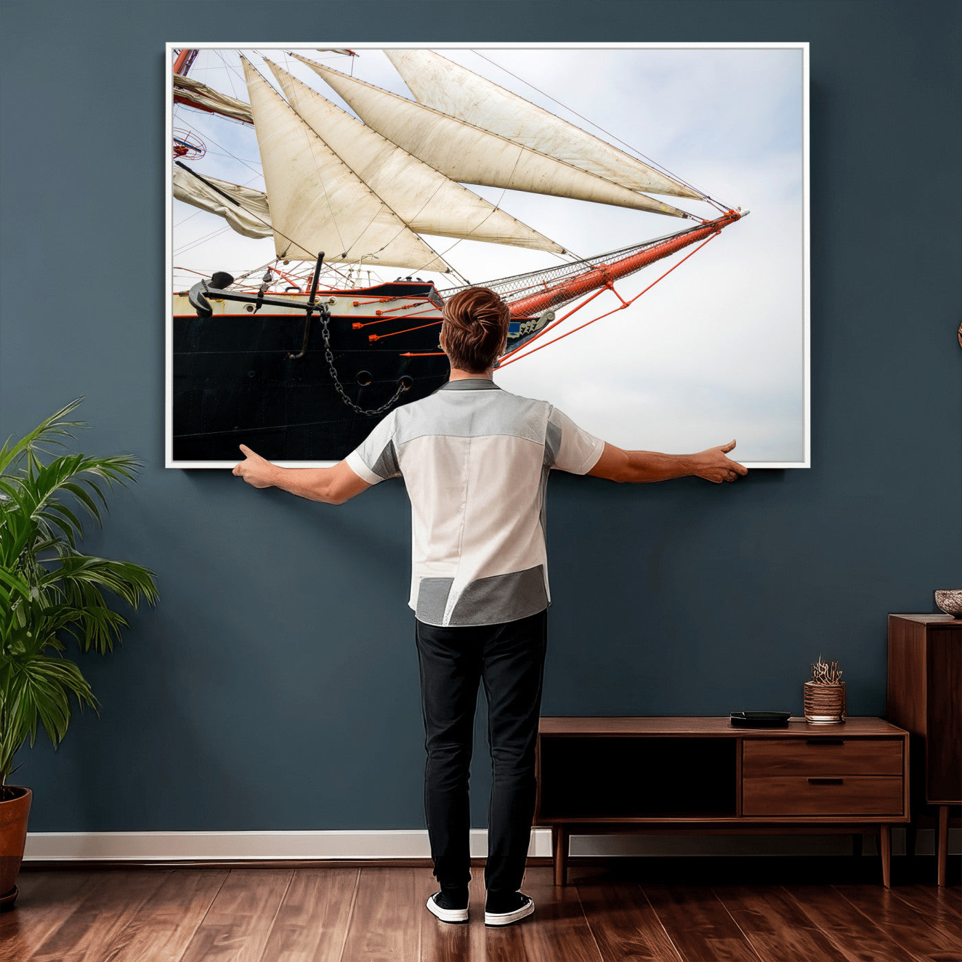 64830036-MGV-CV-36X24 - Sailboat Wall Art Canvas Print, Vintage Ship Bow Framed Artwork, Nautical Sailing Decor for Living Room Office Beach House