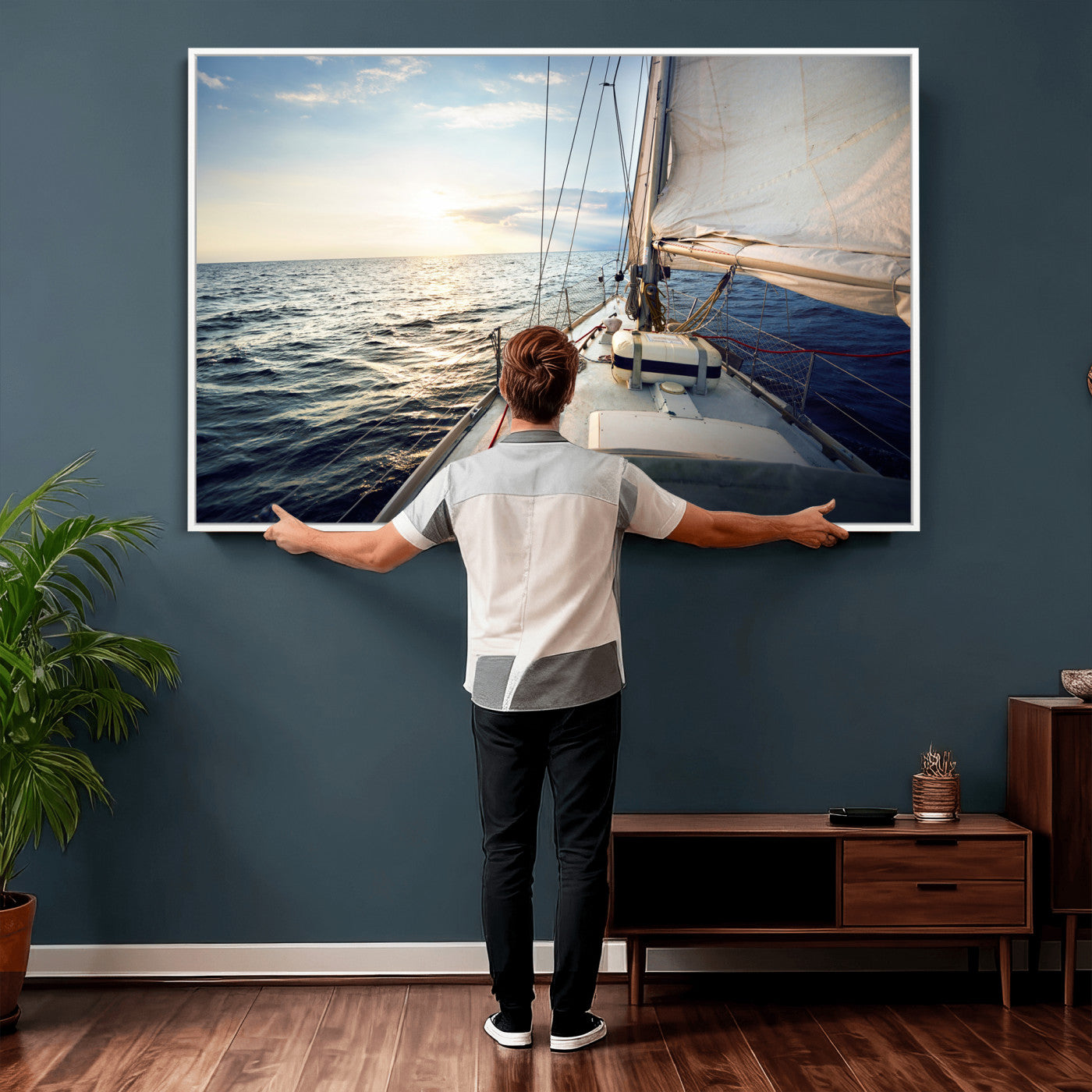 76381335-MGV-CV-36X24 - Sailboat Wall Art Canvas Print, Ocean Sunset Sailing Framed Artwork, Coastal Nautical Seascape Decor for Living Room Office Beach House