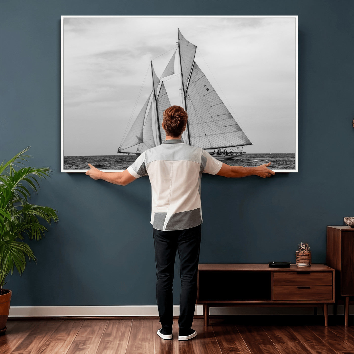 52882918-MGV-CV-36X24 - Vintage Sailboat Wall Art Canvas Print, Black and White Schooner Framed Artwork, Nautical Ocean Sailing Decor for Living Room Office Beach House