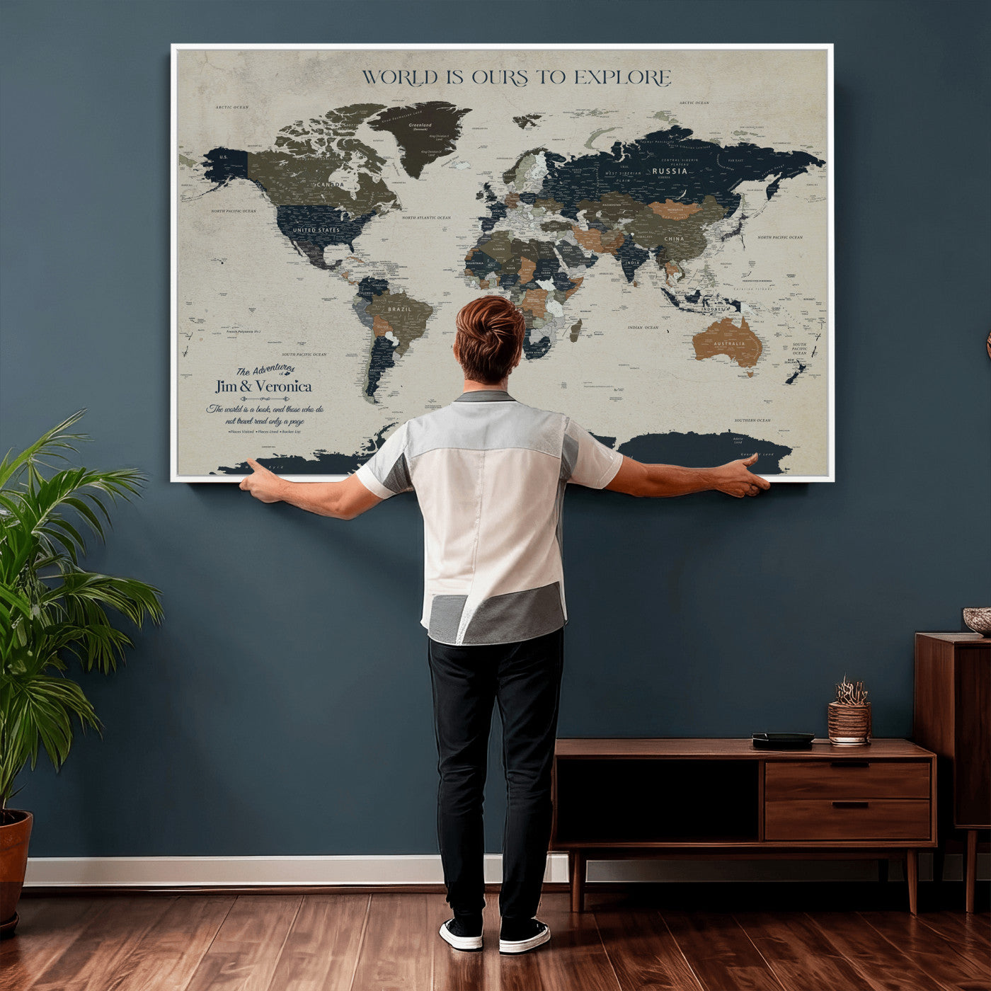 64110391126C-MGV-CV-36X24 - Custom Push Pin World Map Wall Art Canvas Print – Personalized Travel Tracker with Pins Framed Large for Home and Office Decor