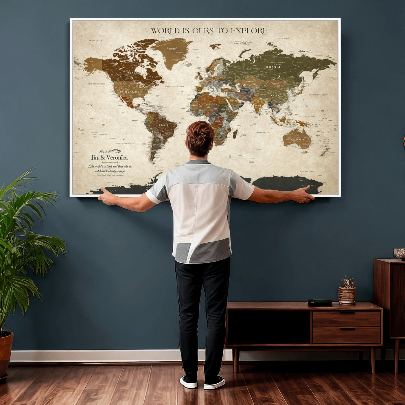 64110391126O-MGV-CV-36X24 - Custom Push Pin World Map Wall Art Canvas Print – Personalized Travel Tracker with Pins Framed Large for Home and Office Decor
