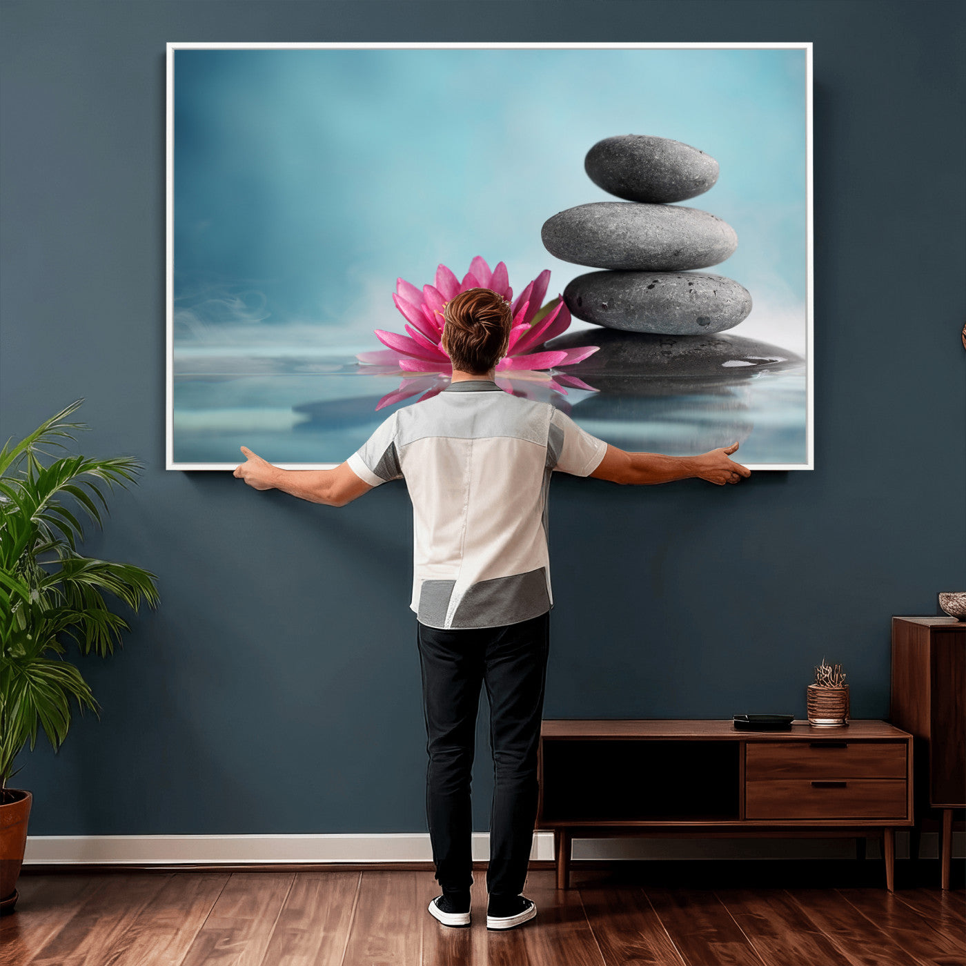 84293154-MGV-CV-36X24 - Zen Canvas Wall Art Lotus Flower Stacked Stones Teal Spa Meditation Relaxation Framed Large for Bathroom Bedroom Living Room Office Decor
