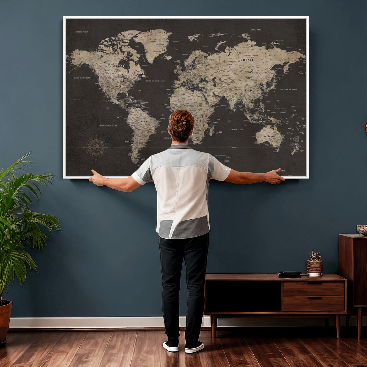 56556018136-MGV-CV-36X24 - World Map Canvas Wall Art Dark Charcoal Antique Tan Detailed Every Country Labeled Framed Large for Home Office Living Room Bedroom Decor