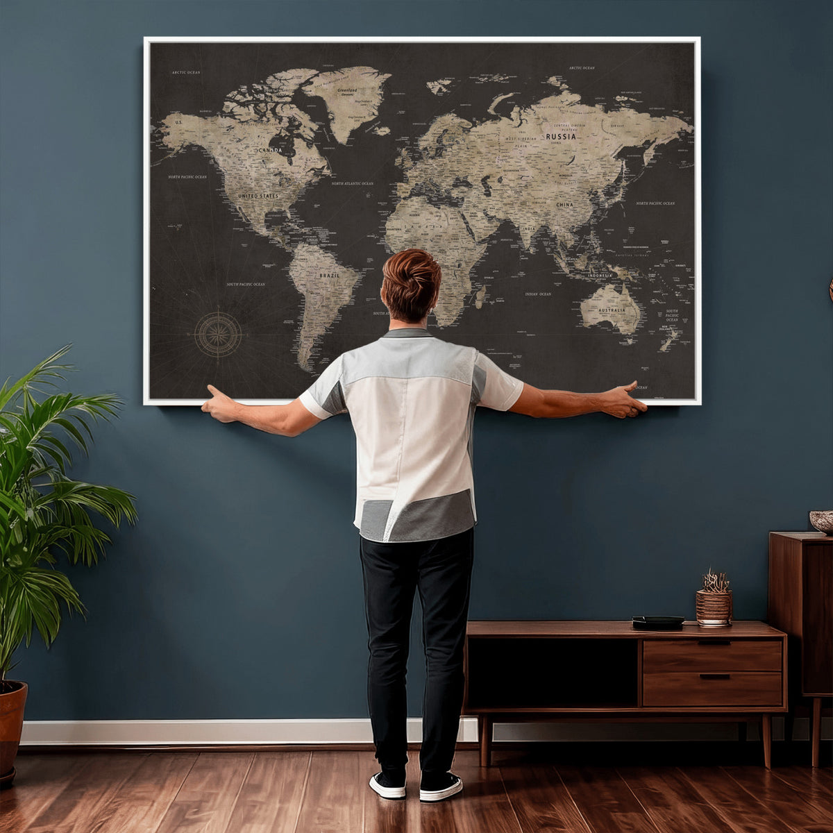 56556018136-MGV-CV-36X24 - World Map Canvas Wall Art, Dark Charcoal and Antique Tan Detailed Map