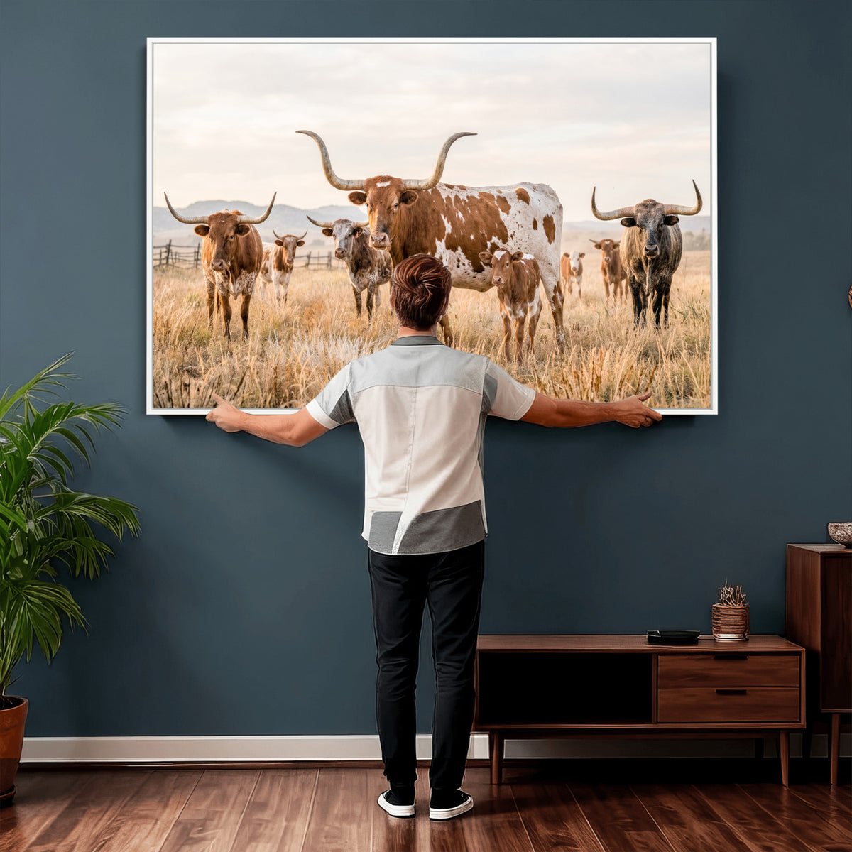 62336425AC-MGV-CV-36X24 - Texas Longhorn Canvas Wall Art, Rustic Farm Animal Photography Print, Farmhouse Country Decor, Western Ranch Art