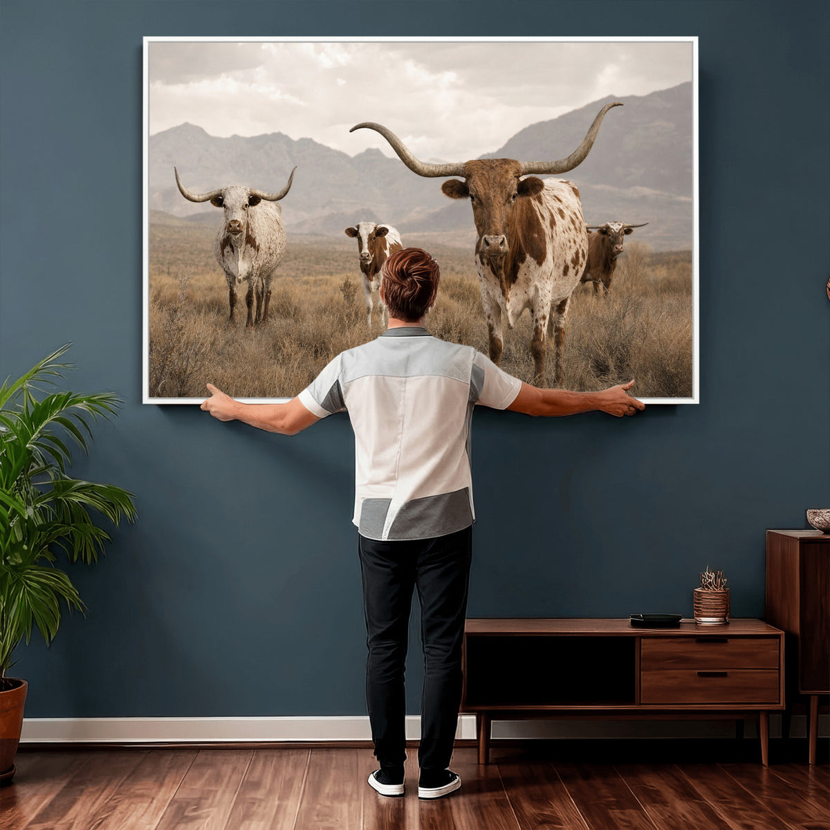 62336425AD-MGV-CV-36X24 - Rustic Texas Longhorn Cow Canvas Wall Art Print, Rustic Farm Animal Photography Print, Farmhouse Country Decor, Western Ranch Art