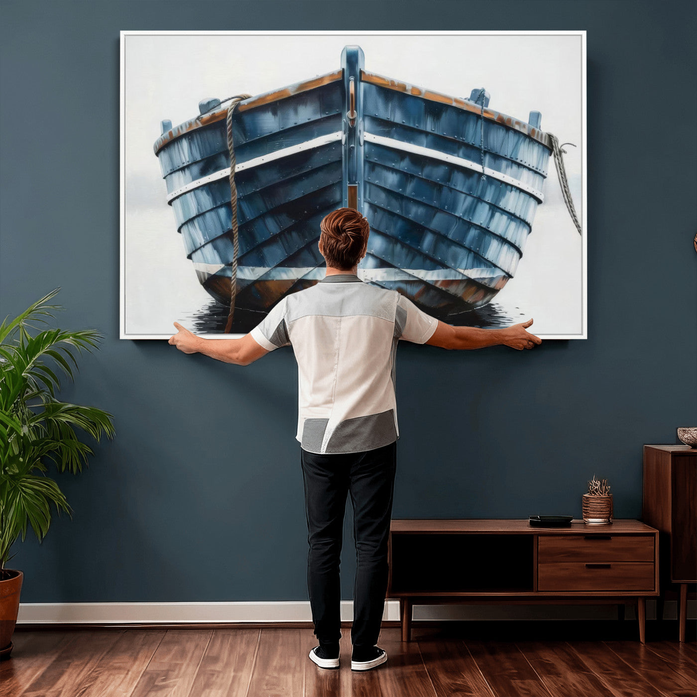 21601740-MGV-CV-36X24 - Blue Wooden Rowboat Canvas Wall Art, Coastal Nautical Boat Painting Print for Lake Beach House Decor, Minimalist Maritime Decor Artwork