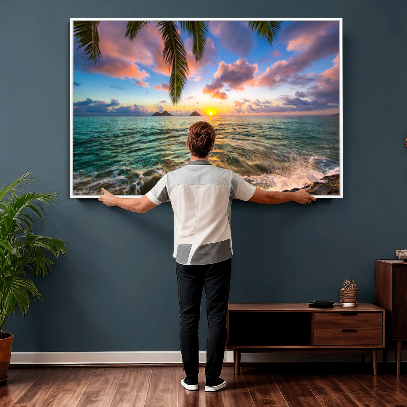 13207742-MGV-CV-36X24 - Hawaii Beach Sunset Canvas Wall Art Print, Tropical Ocean Landscape Artwork, Palm Tree Coastal Decor for Living Room Bedroom