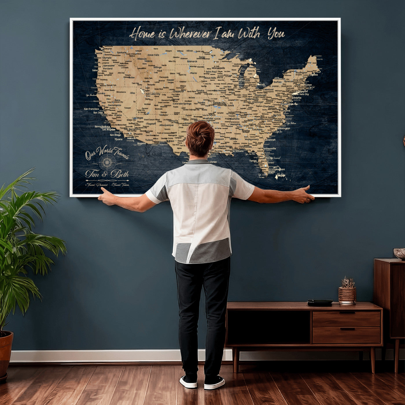 48467834-MGV-CV-36X24 - Custom Push Pin US Map Canvas | Personalized Travel Tracker | USA Cities Map Anniversary Gift for Couples | Adventure America Map Wall Art with Pins