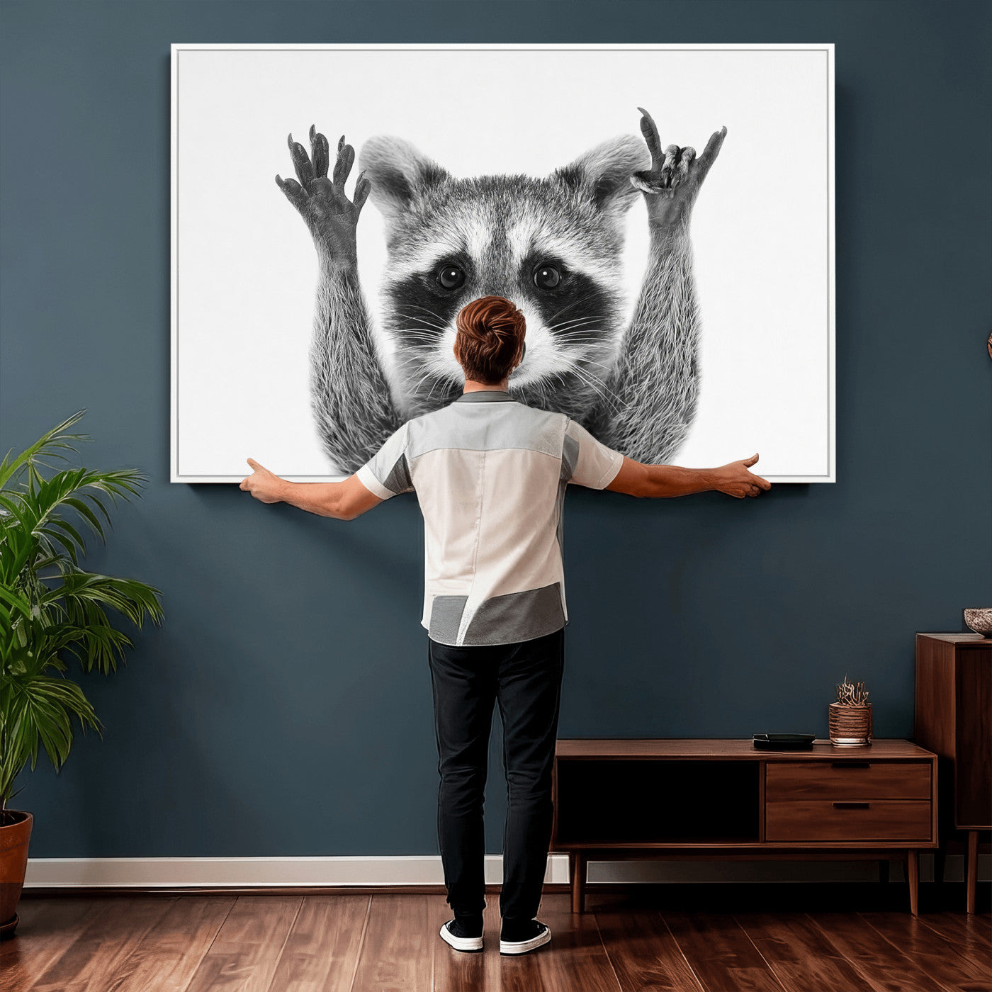 82392228-MGV-CV-36X24 - Funny Raccoon Canvas Wall Art, Black White Hands Up Animal Photo Print, Humorous Wildlife Decor, Kids Room Nursery Art, Quirky Animal Gift