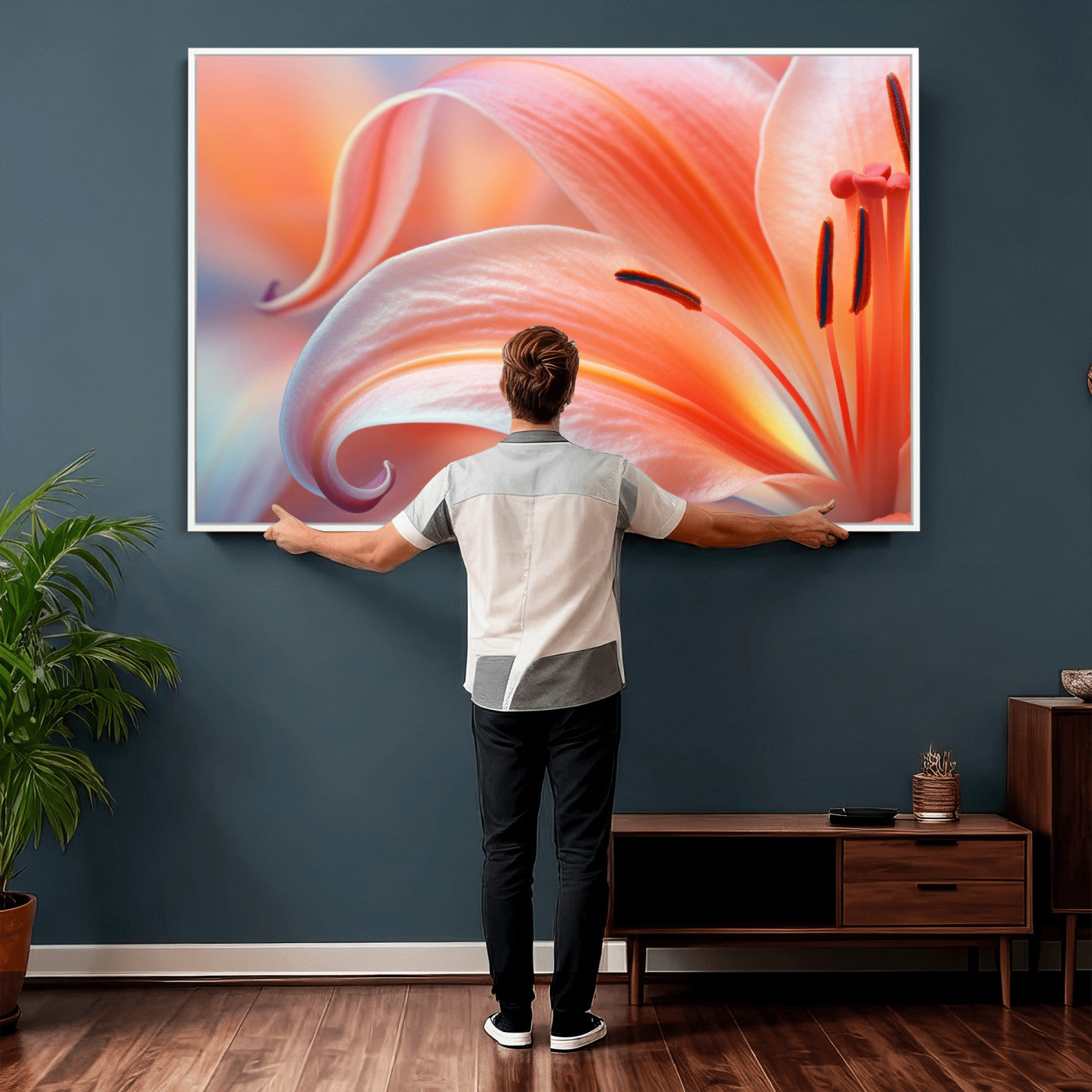 69566231-MGV-CV-36X24 - Peach Lily Canvas Wall Art, Coral Pink Flower Macro Photo Print, Botanical Bedroom Decor, Soft Floral Photography, Living Room Wall Art