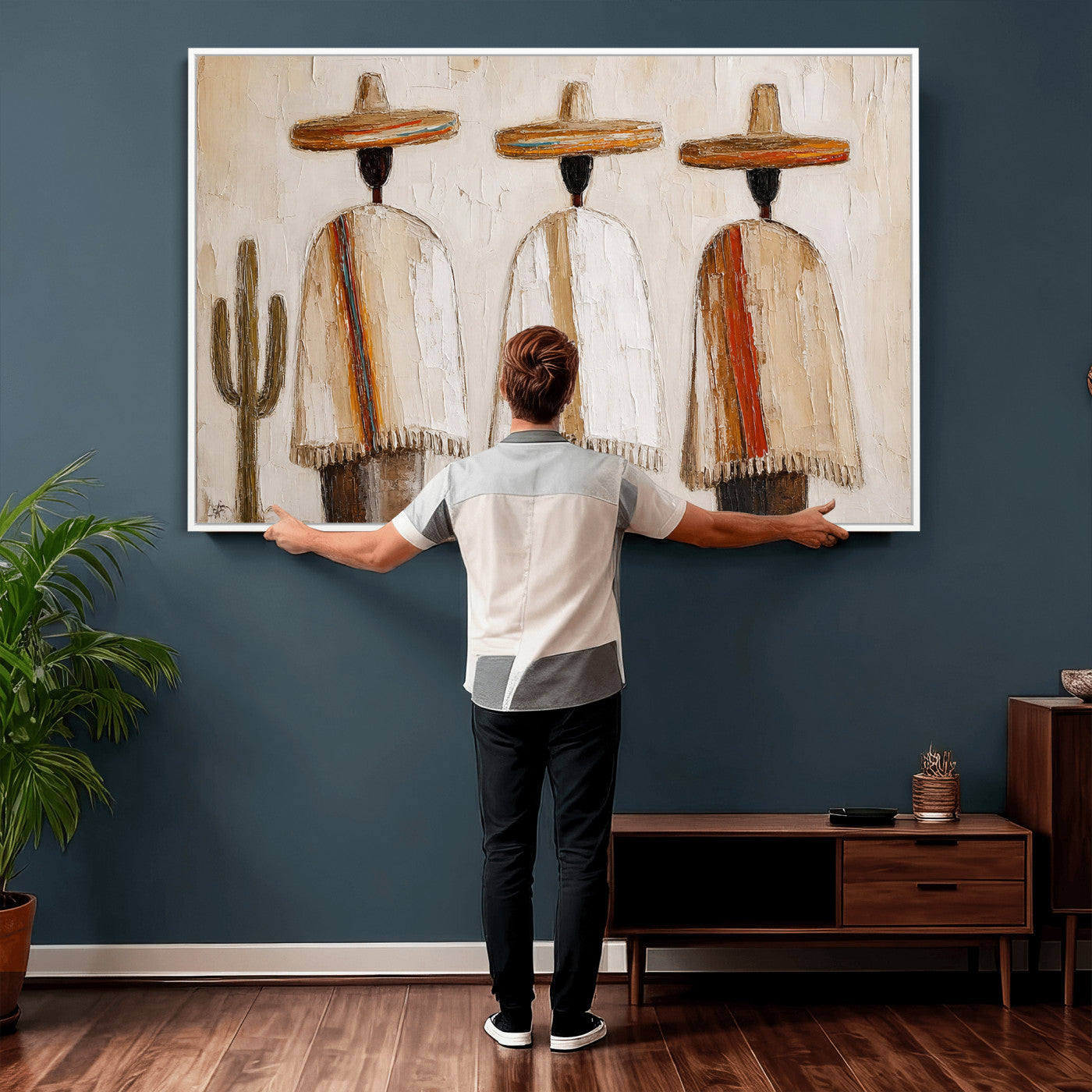 72884785-MGV-CV-36X24 - Mexican Folk Art Canvas Wall Art, Southwestern Sombrero Poncho Painting, Neutral Earthy Boho Decor, Fiesta Living Room Art, Impasto Style Print