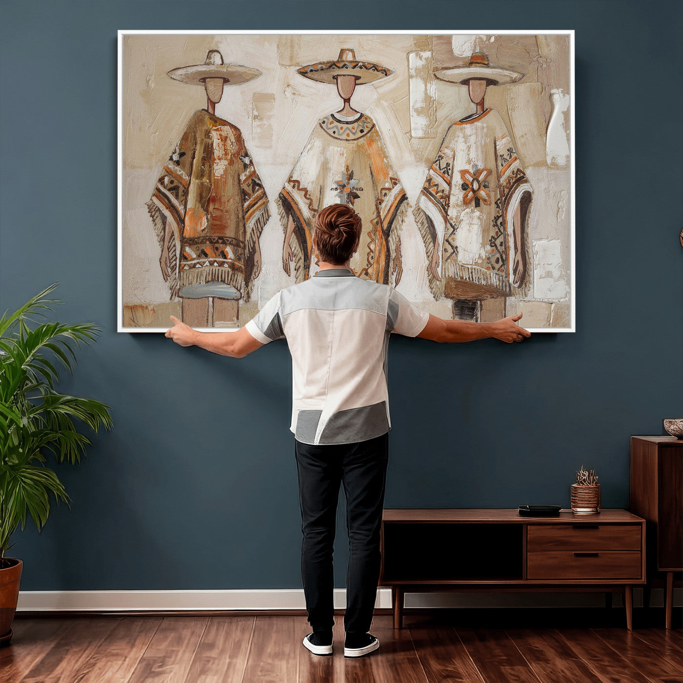 85373290-MGV-CV-36X24 - Mexican Folk Art Canvas Wall Art, Charro Poncho Sombrero Painting Print, Neutral Beige Boho Decor, Southwestern Impasto Style, Living Room Art
