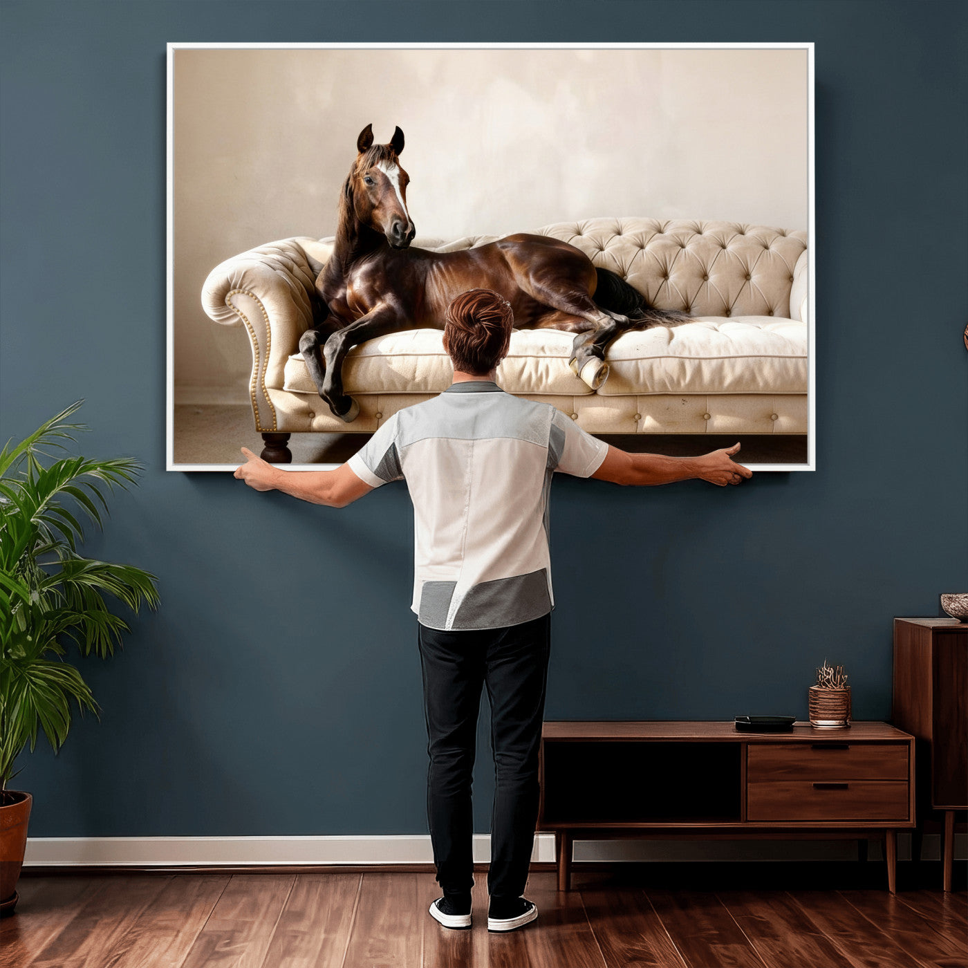 17716841-MGV-CV-36X24 - Funny Horse on Sofa Canvas Wall Art, Quirky Horse Lounging Photo Print, Whimsical Animal Decor, Living Room Conversation Art, Horse Lover Gift