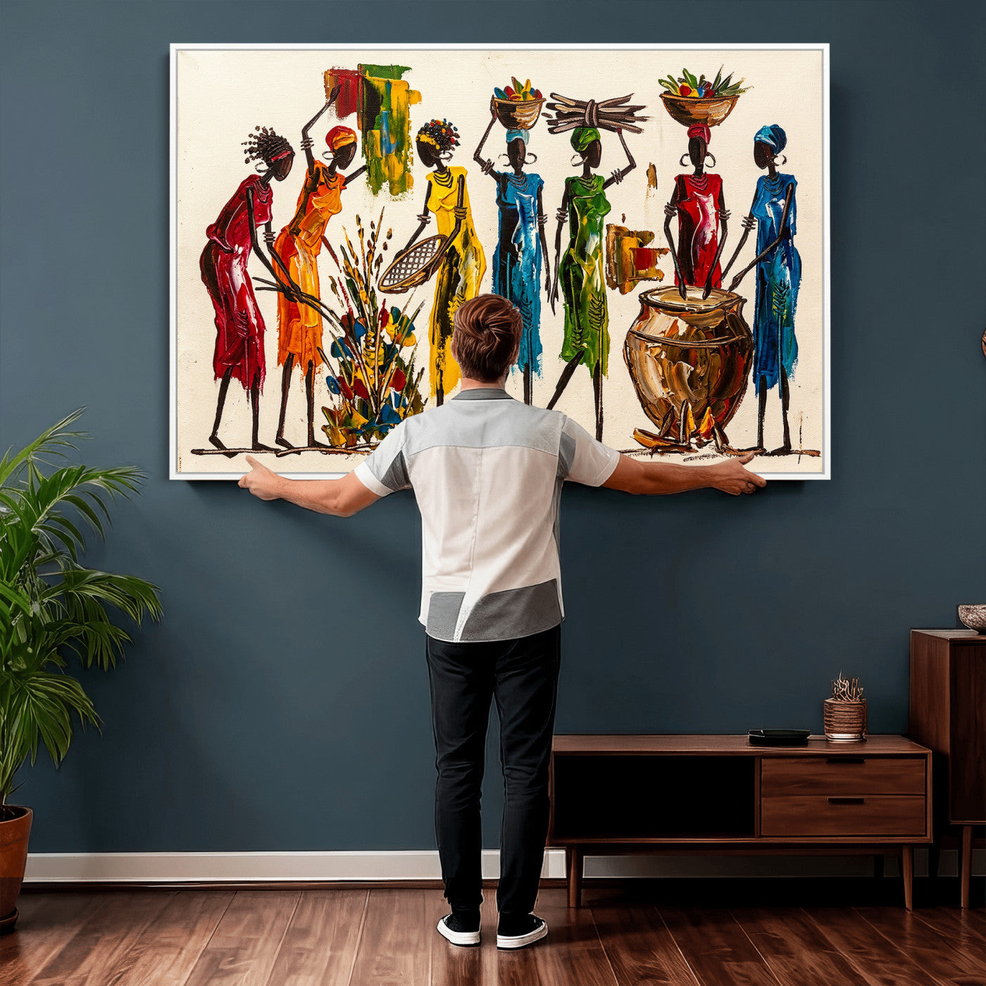 83463154-MGV-CV-36X24 - African Folk Art Canvas Wall Art, Colorful African Women Village Painting Print, Tribal Ethnic Home Decor, Vibrant African Art, Living Room