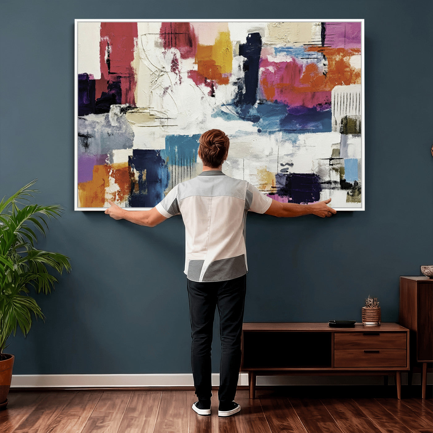 57864023-MGV-CV-36X24 - Blue Teal Abstract Canvas Wall Art, Modern Textured Painting Print, Navy Orange White Contemporary Art, Neutral Living Room Decor, Office Art